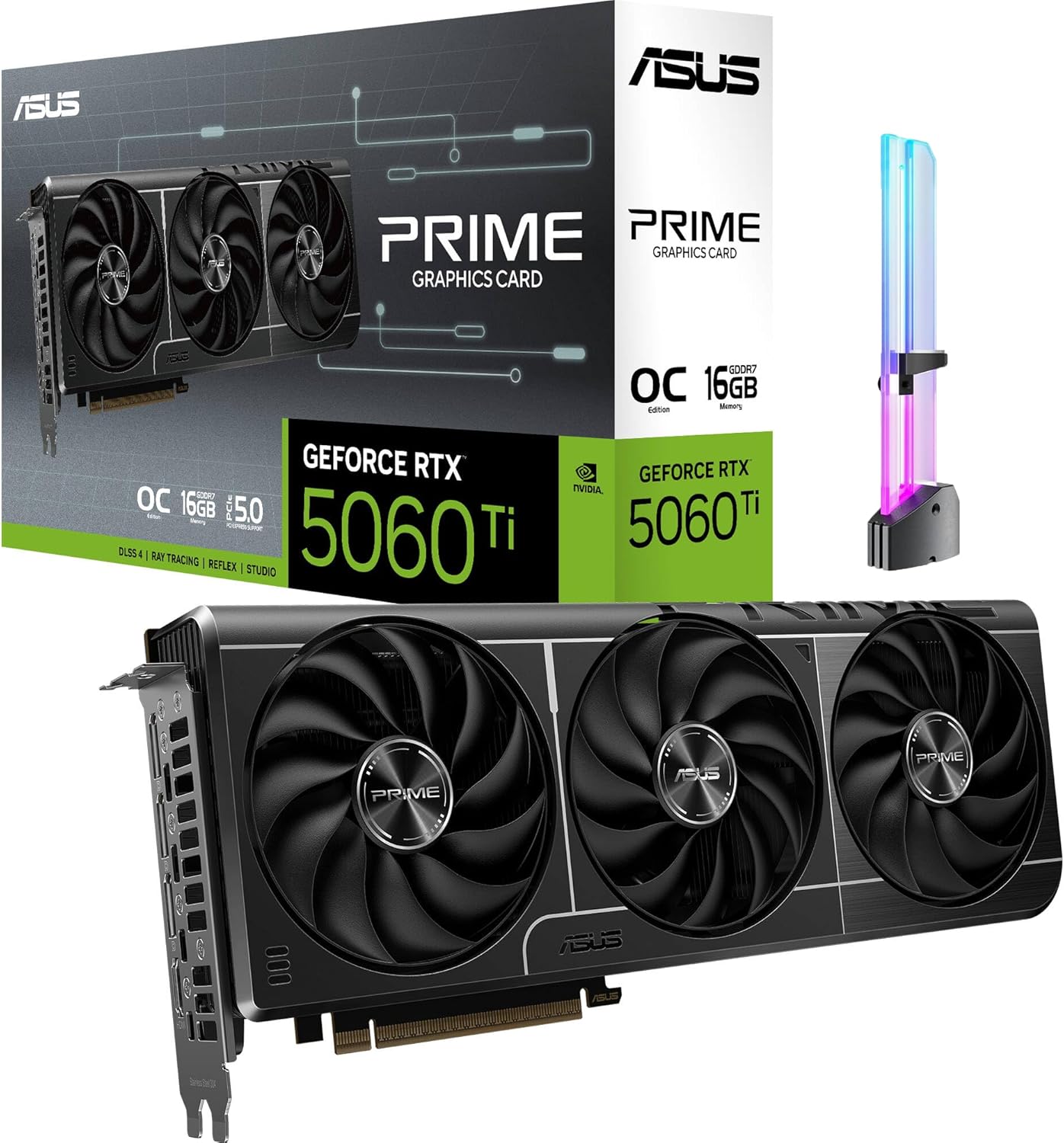 ASUS Prime GeForce RTX 5060 Ti OC 16GB GDDR7 Graphics Card, PCIe 5.0, Triple Axial-tech Fans, SFF-Ready 2.5-Slot, 1x HDMI 2.1b, 3X DP 2.1b, Includes GPU Holder