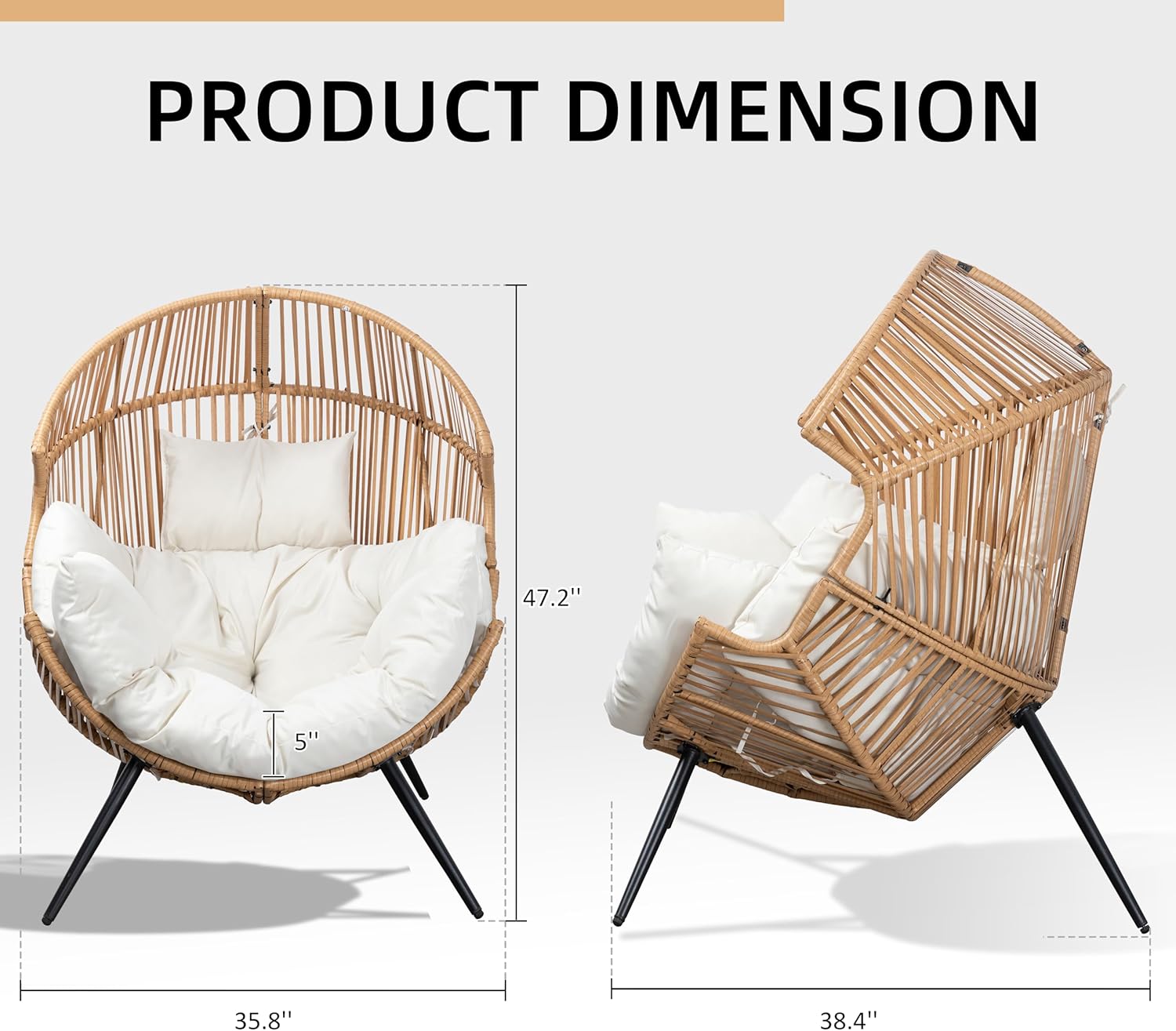 JAMFLY Egg Chair Wicker Outdoor Chairs, Oversized Patio Chair Oversized Lounger Chair with Cushion for Indoor Living Room, Bedroom, Outside Patio Backyard Balcony, Creamy White