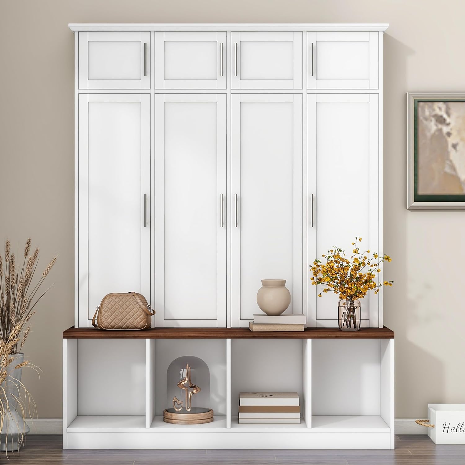 LUMISOL Wide Hall Tree with Storage Bench, Entryway Coat Rack with Open Compartments and 4 Hidden Hanging Hooks, Mudroom Entryway Bench with Shoe Storage, White