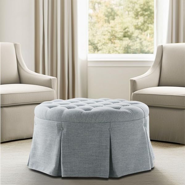Martha Stewart Cocktail Ottoman for Living Room Fully Upholstered, Button Tufted Round Ottoman Footrest, Pleated Skirt, Extra Seating Bedroom Ottoman Furniture Decor, Terry, 32