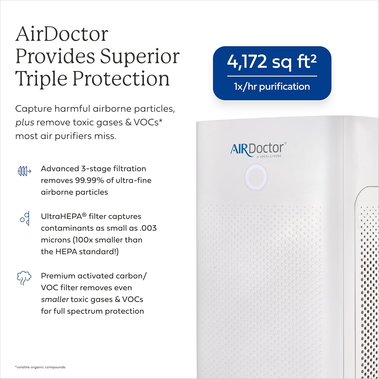 AIRDOCTOR AD5500 Smart App Air Purifier. Cleans Whole Home, XL Rooms Up to 4172 ft2. Removes Allergens, Smoke, Dust, Mold, Pet Hair, Odors, Pollen. Hospital-Grade UltraHEPA, Premium Carbon Filtration
