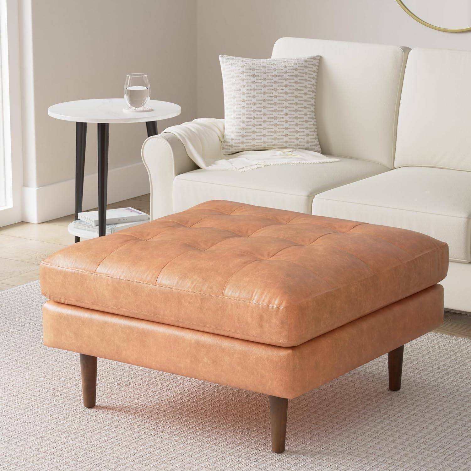 Poly & BARK Napa Ottoman - Full-Grain Leather Upholstered Ottoman with Feather-Down Topper - Couch for Living Room - Vintage Italian Leather in Cognac Tan