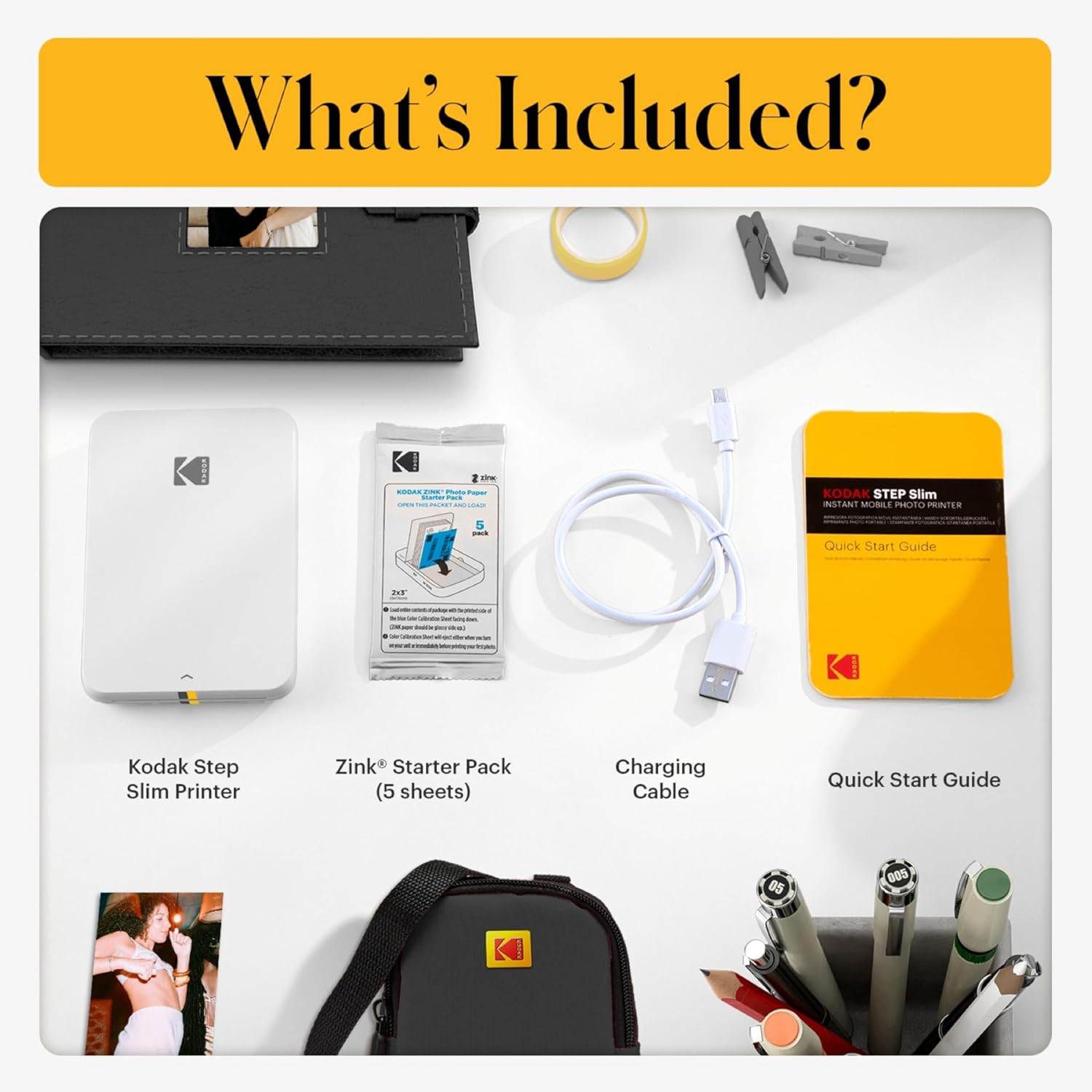 Kodak Step Slim Instant Mobile Photo Printer 2x3 Zink Paper (White) Kit: 20 Pack Zink Paper, case