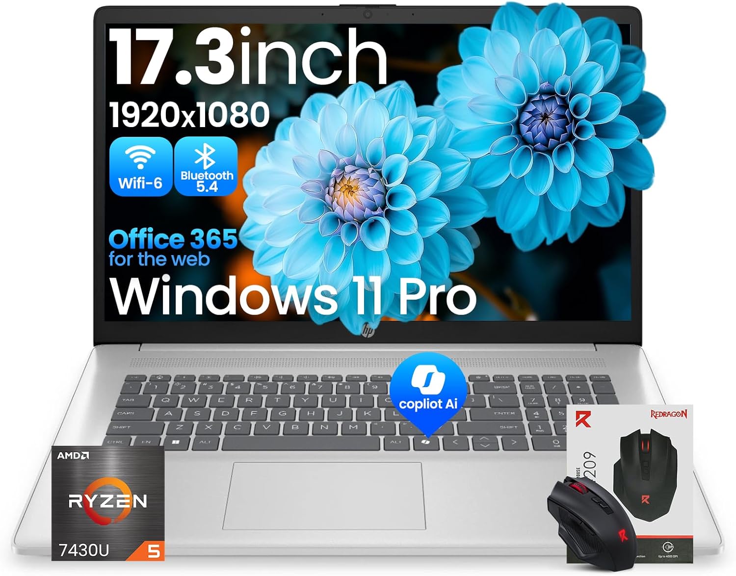 HP 17 inch laptops, AMD Ryzen 5 7430U(Beats i7-1255U), 20GB RAM 512GB SSD, Windows 11 Pro, 17.3