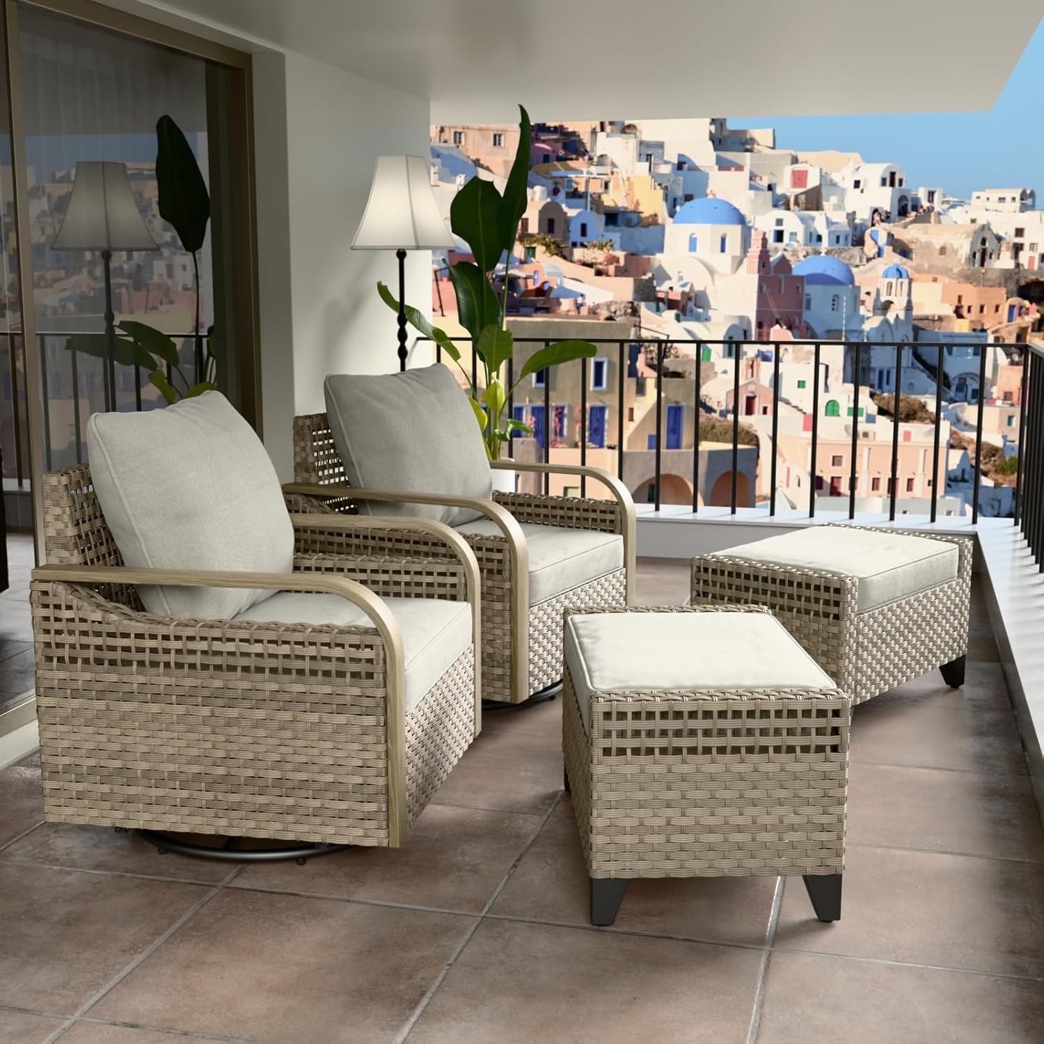 COOS BAY Modern Outdoor Swivel Rocker Chairs with 2 Ottomans, Wicker Glider Rocking Chairs with Cushions, 360° Swivel Rattan Patio Seating, 4 Pieces, Brown/Gray