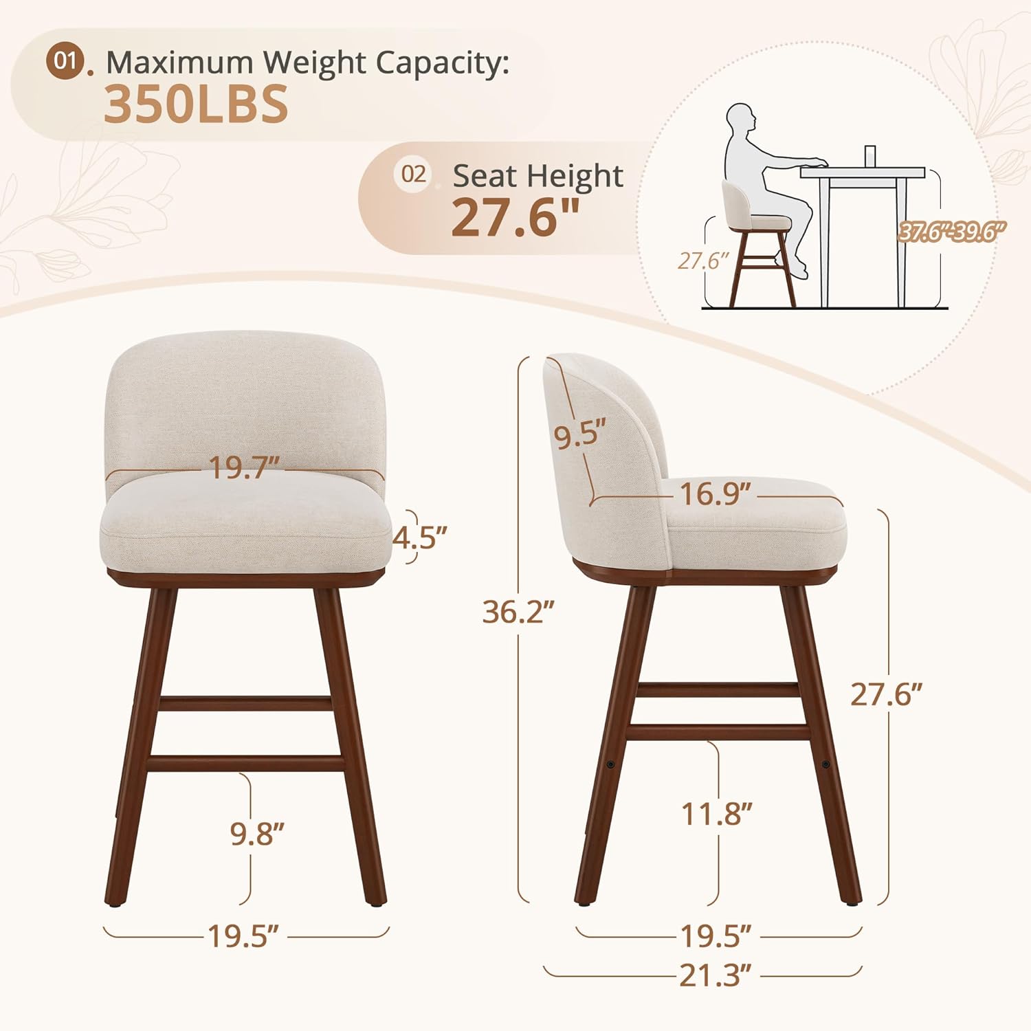 LUE BONA Counter Height Bar Stools Set of 3, Upholstered Barstools with Wooden Legs and Backs, 19.7