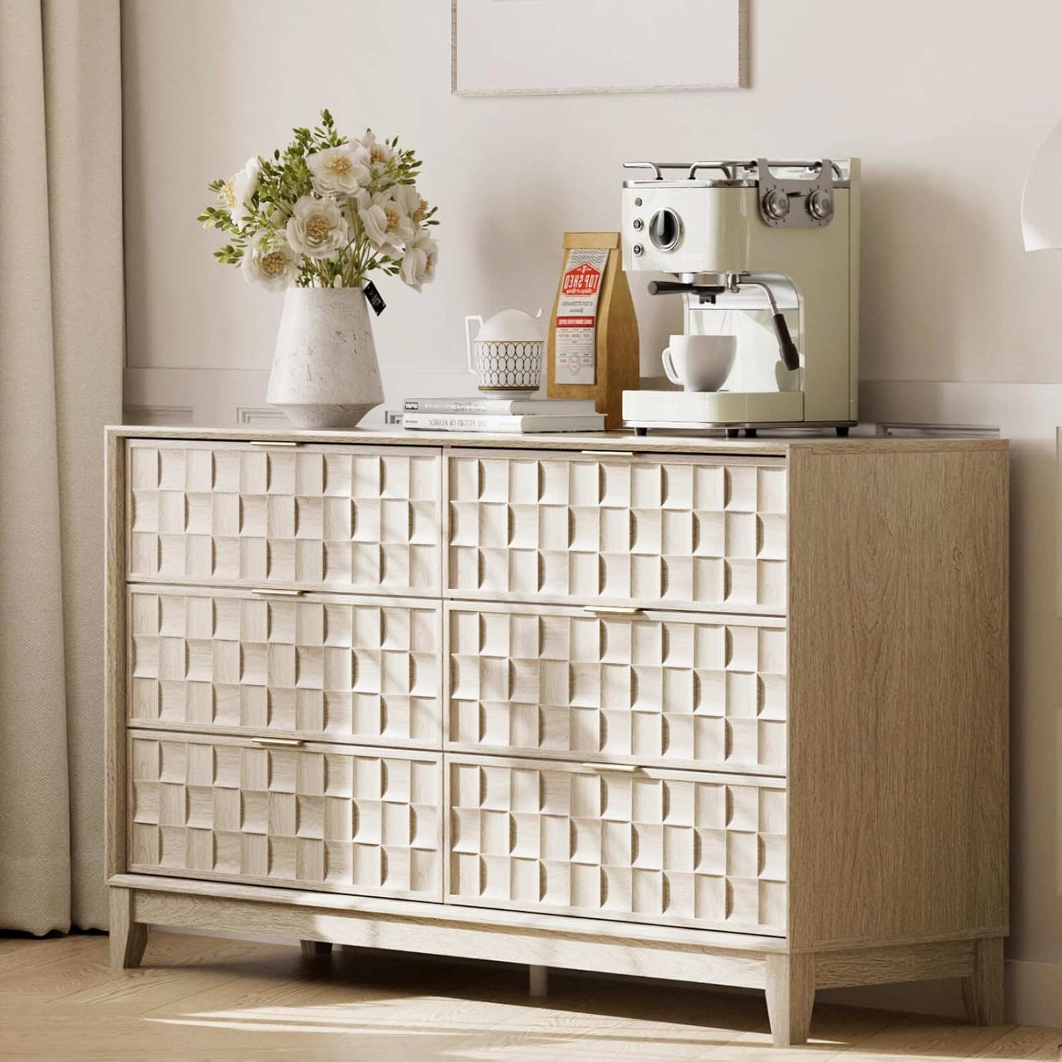 COLAMY Fluted Dresser, Modern Wooden 6 Drawer Dresser 55”, Side Board Buffet Storage Cabinet, Accent Cabinet with Metal Handles for Bedroom, Entryway, Hallway, Oak