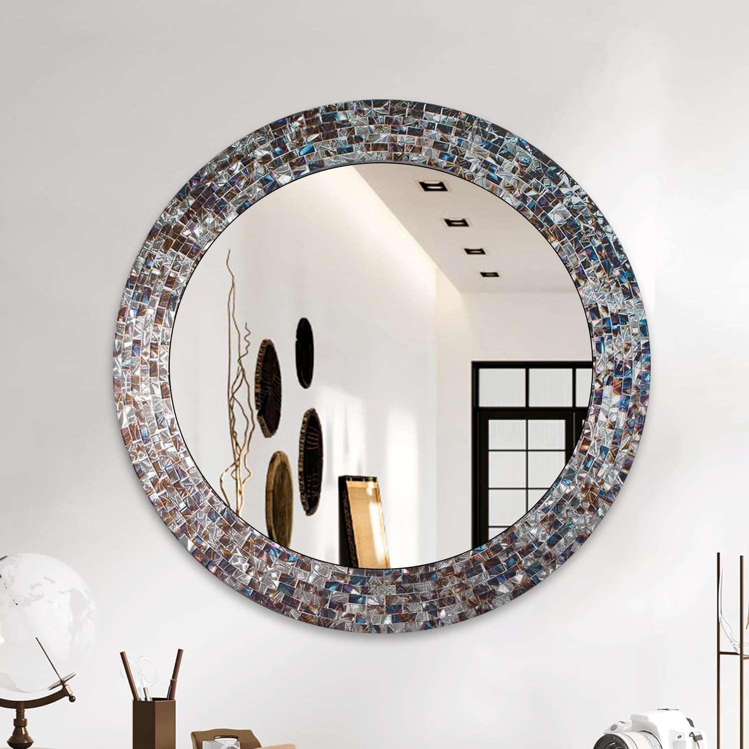24” Handmade Mosaic Glass Wall Mirror – Silver Decorative Round Mirror for Entryway, Living Room, Bedroom & Bathroom – Luxury Wall Decor, Wedding & Corporate Gift
