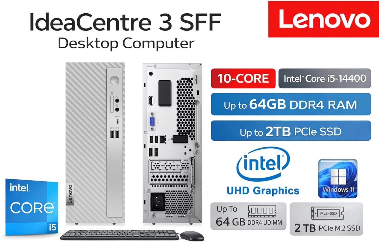 Lenovo IdeaCentre 3 SFF Business Desktop Computer, Latest 14th Gen Intel Core i5-14400, 32GB RAM, 1.5TB (1TB HDD+512GB PCIe SSD), USB-C, HDMI, VGA, RJ-45, Wi-Fi, Wired Keyboard & Mouse, Windows 11