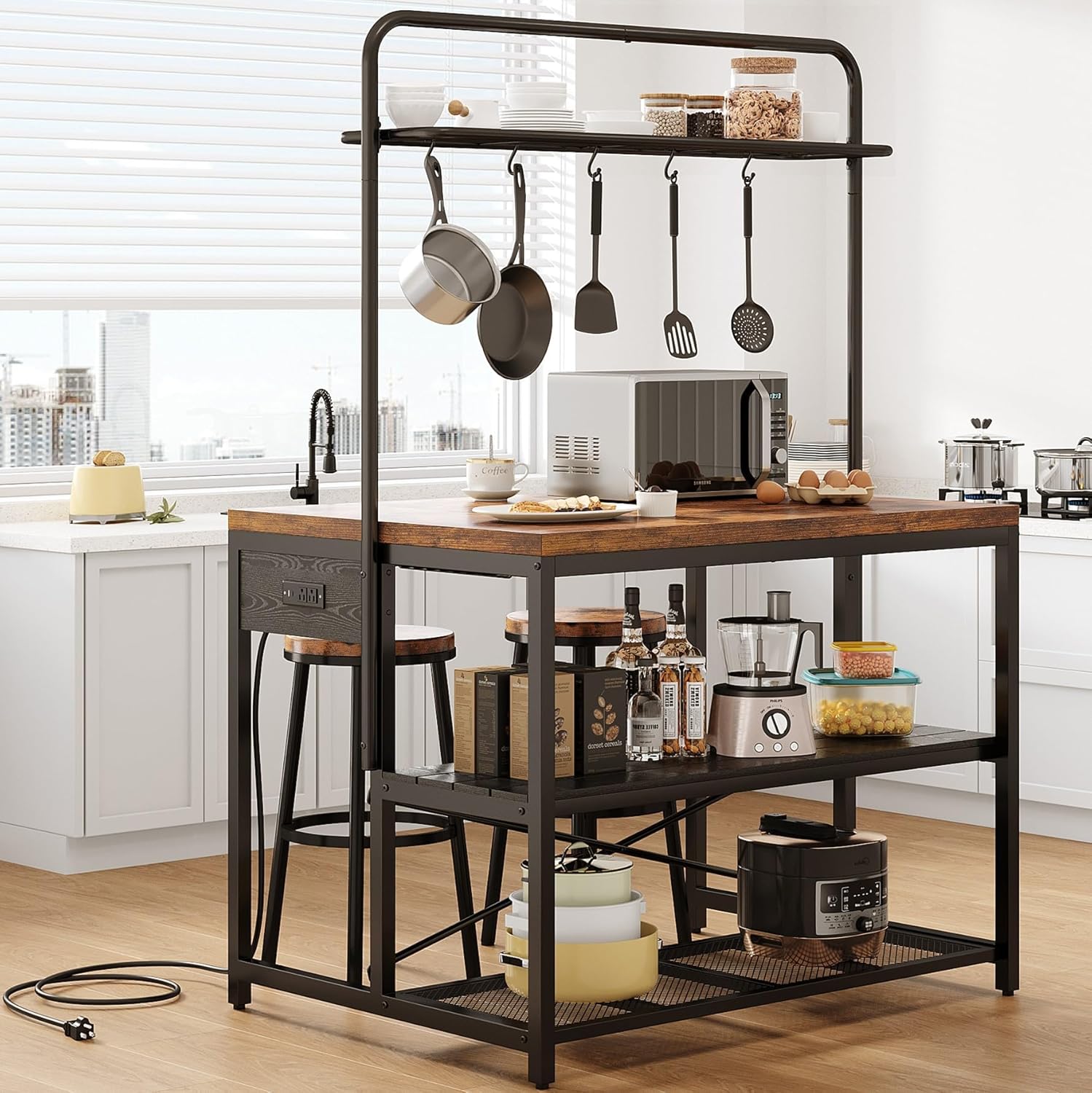 Jocoevol Kitchen Island with Storage, Bakers Rack with Storage & 3-Tier Shelves, Microwave Stand Coffee Bar Table with Hooks, Industrial Kitchen Island Table for Dining Living Room,Vintage