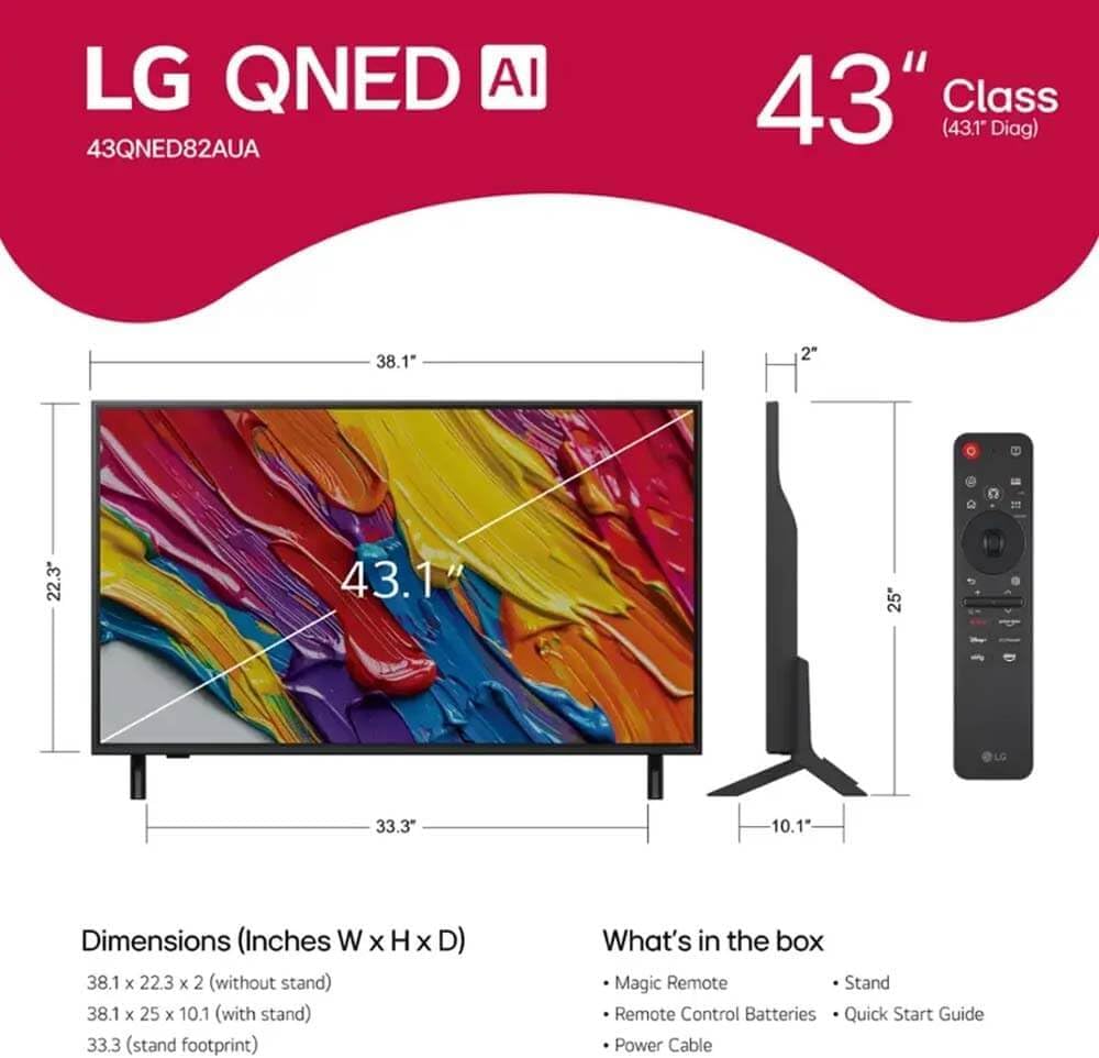 LG 43-Inch Class QNED AI 4K QNED82A Series Smart TV w/AI Sound, HDR10, 4K Super Upscaling, Filmmaker Mode, Wow Orchestra, Alexa Built-in (43QNED82AUA, 2025)