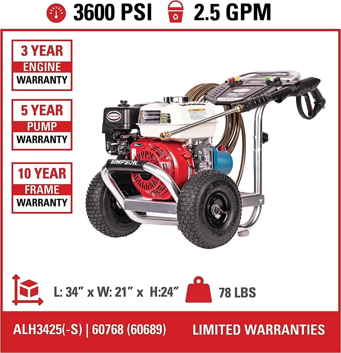 Simpson 3600 PSI Gas Pressure Washer, 2.5 GPM Commercial Power Washer, Cold Water, Honda GX200 Engine, 35' Hose, Aluminum Series, 49-State Compliant (ALH3425)