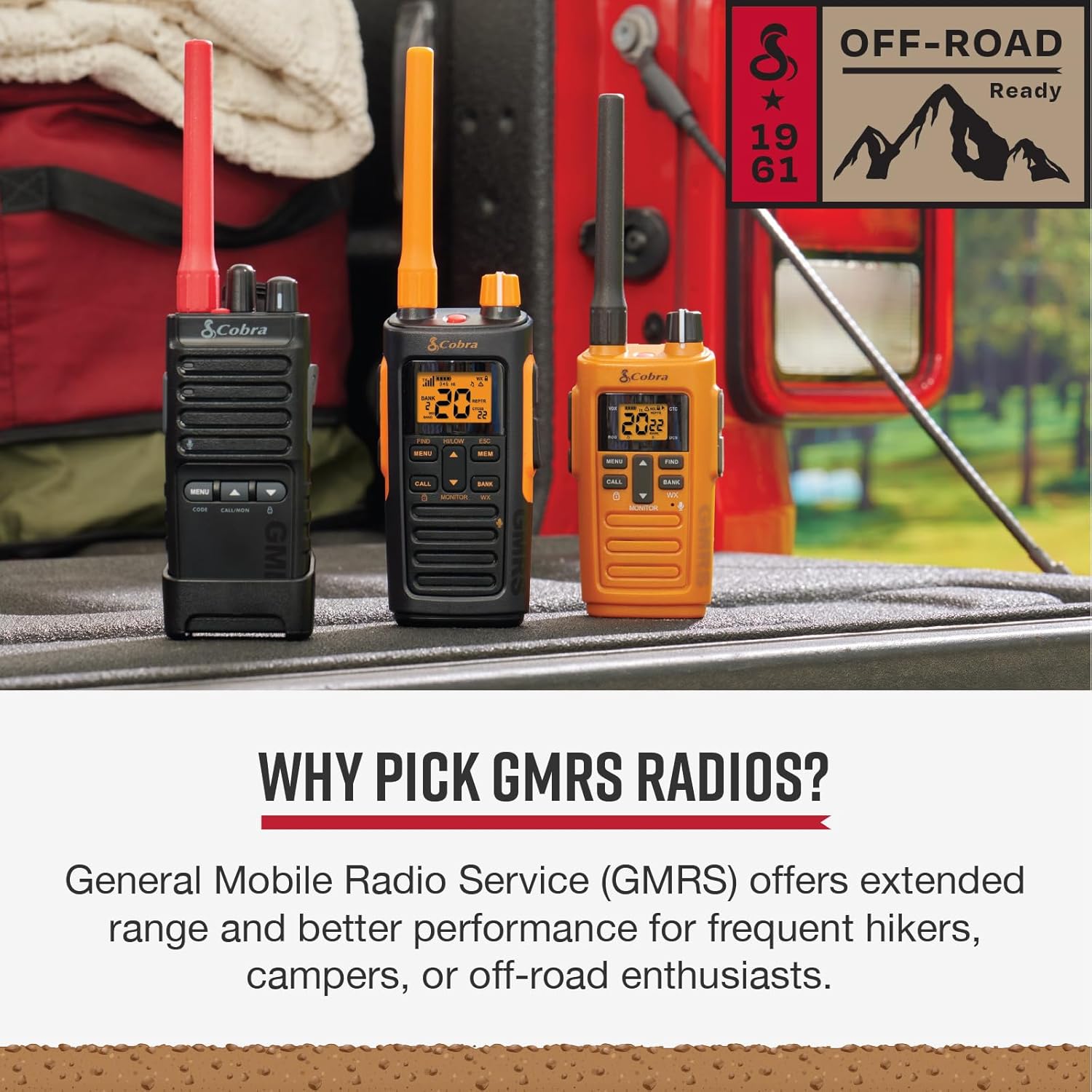 Cobra TrailBlazer 450 GMRS Radio (2-Pack) – IP54 Weather Resistant, 16hr Battery, 2.5W Long Range Walkie Talkies, Large LCD Display, NOAA, Programmable Software, Removable Antenna, Repeater Capable