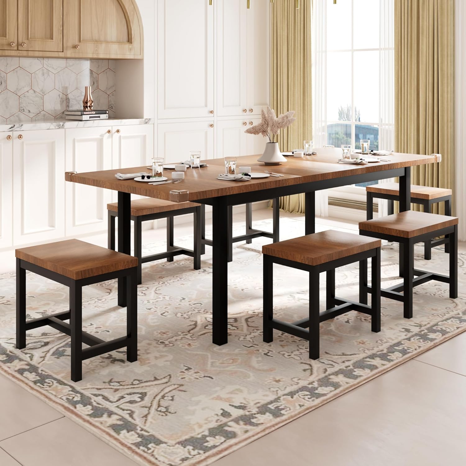 Feonase 7-Piece Dining Table Set with 6 Stools, 63