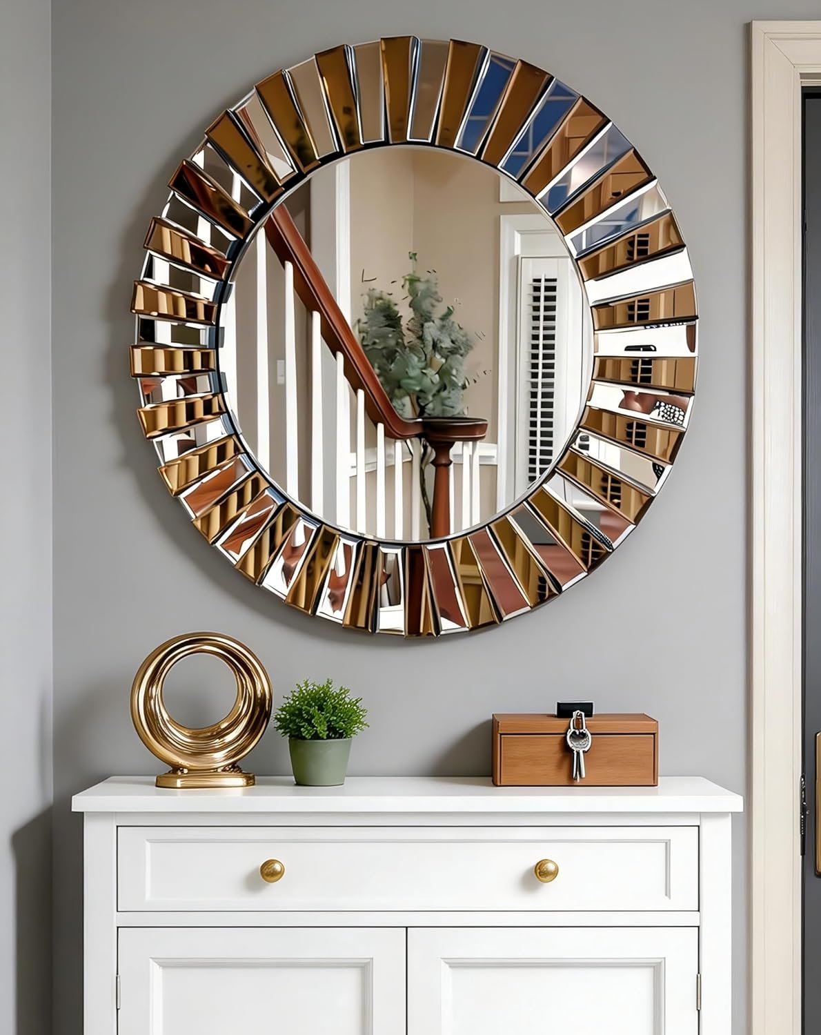 Round Wall Mirror Decorative Sunburst Silver-Brown Crystal Edge 32 inch