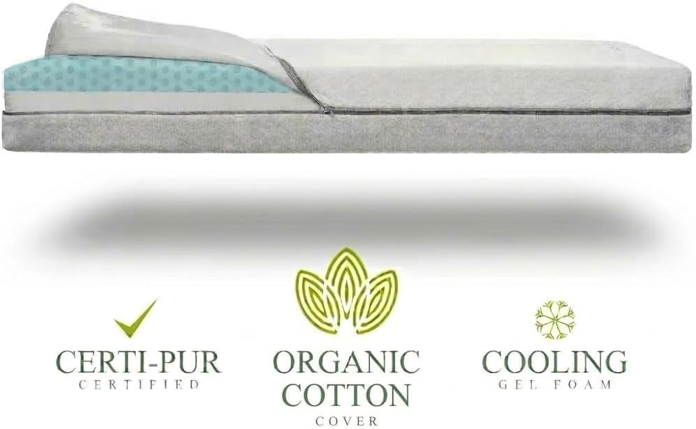 Organic Cotton Covered Dual-Sided Crib Mattress | 2-Stage Premium Memory Foam CertiPUR-US Hypoallergenic Baby Mattress Firm Support for Infant Cooling Gel for Toddler, Waterproof Washable, 52x27.5x5.5
