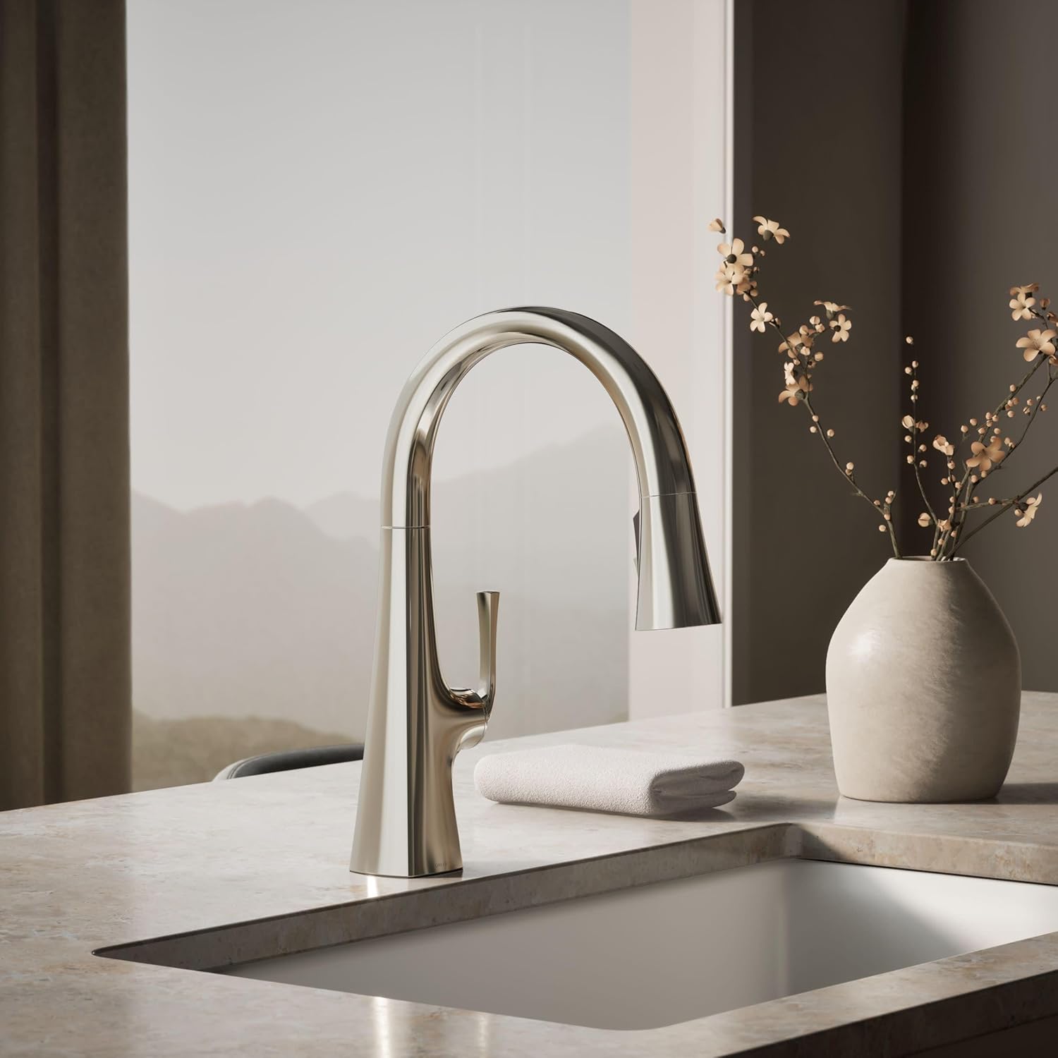 Kohler K-22063-SN Graze 1.5 GPM Pull Down Kitchen Sink Faucet with Three Function Spray, Vibrant Polished Nickel