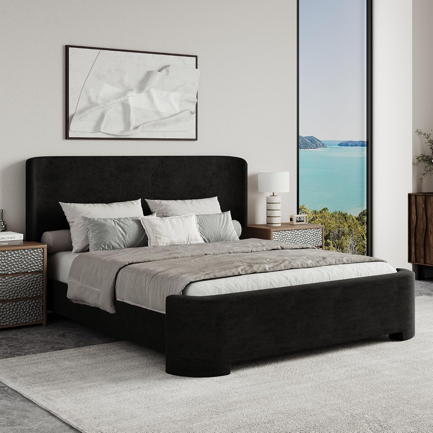 BarnFurin Queen Bed Frame with Wingback Headboard, Velvet Upholstered Platform Bed with Headboard and Footboard, Quiet & Stable Support, Easy Assembly, No Box Spring Needed, Black