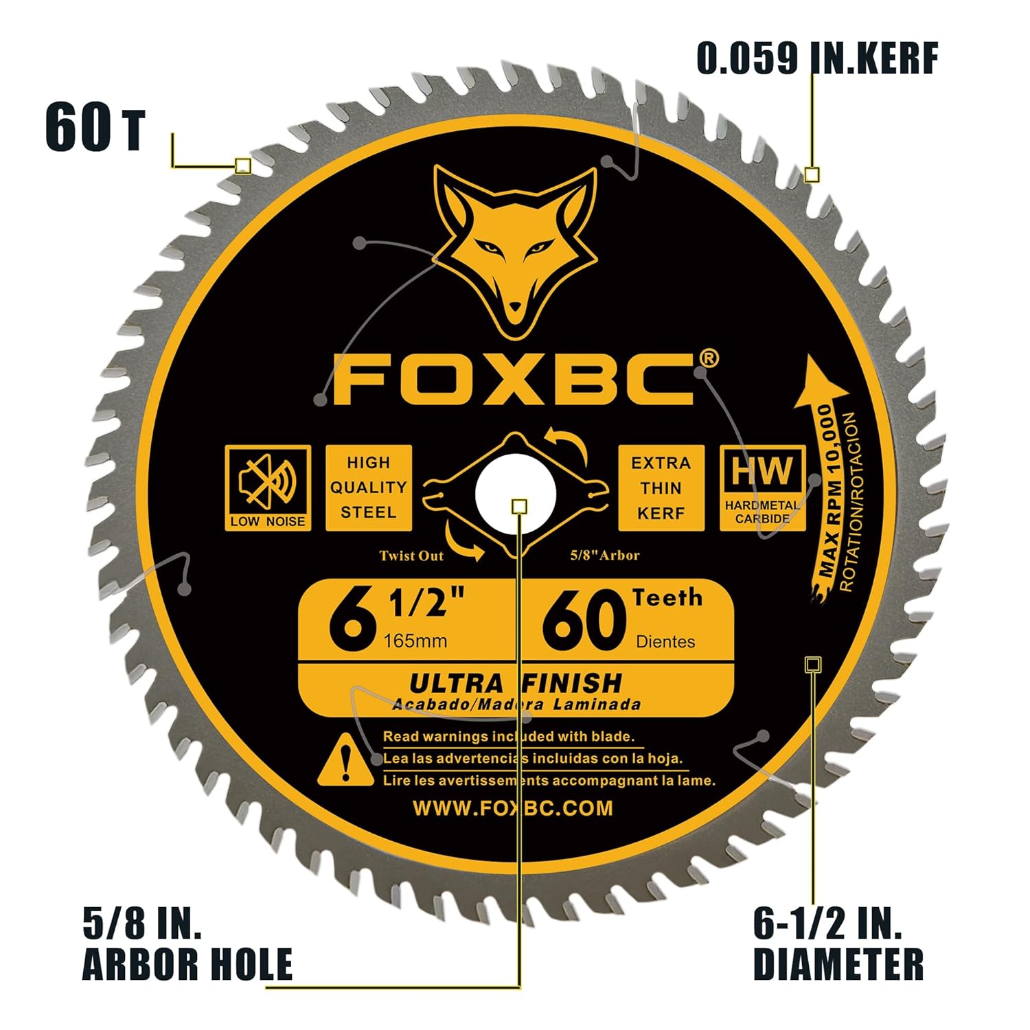 FOXBC 6-1/2 inch Circular Saw Blade Ultra Fine Finish 60-Tooth for Wood Cutting, Thin-Kerf with 5/8