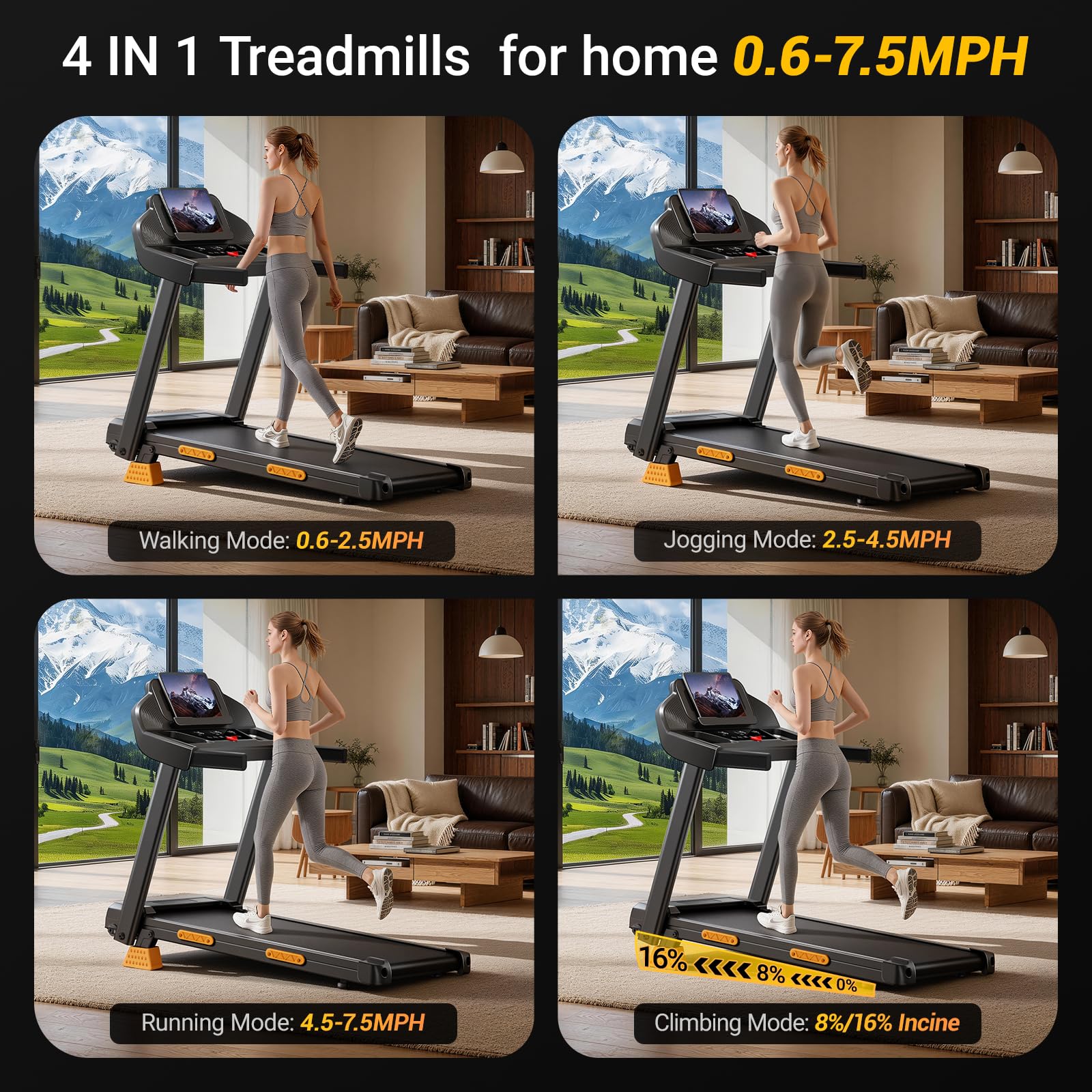 UMAY 16% Incline 4-in-1 Foldable Treadmill, 400 LBS Capacity