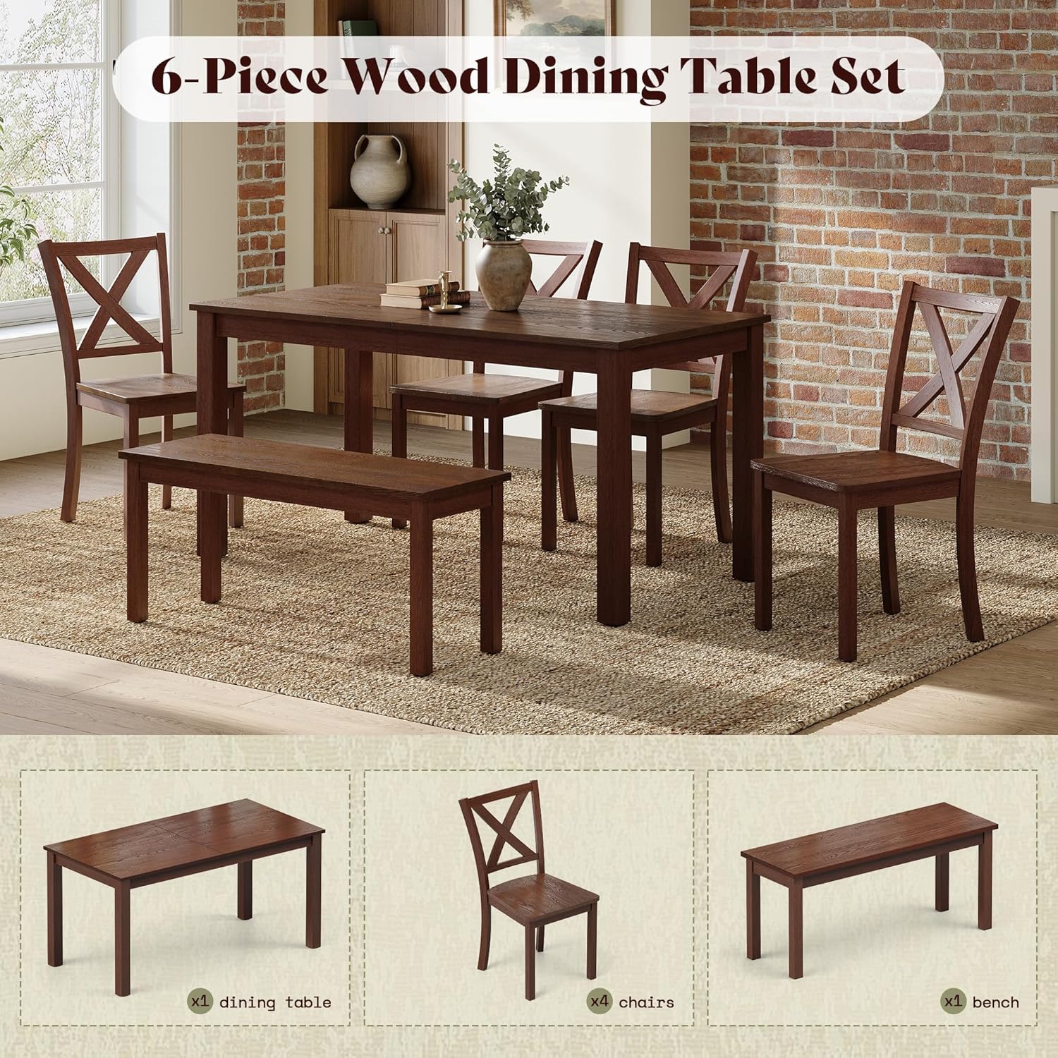 AMERLIFE 6-Piece Farmhouse Dining Table Set, 59