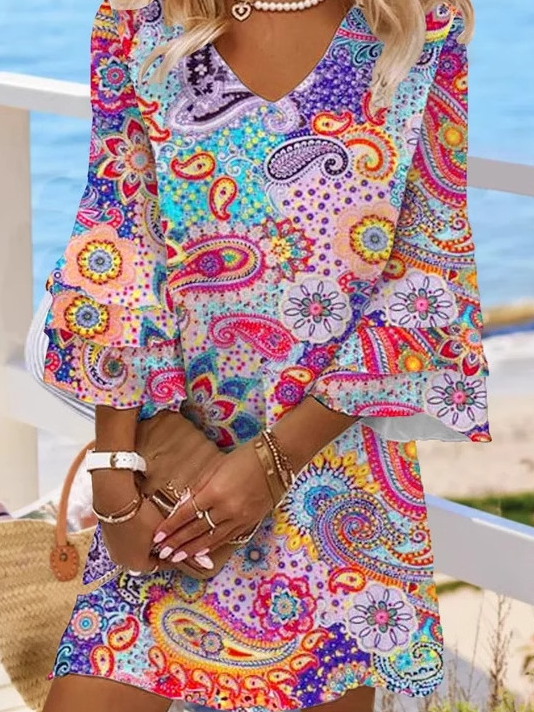 Ethnic Casual V Neck Dress With No
