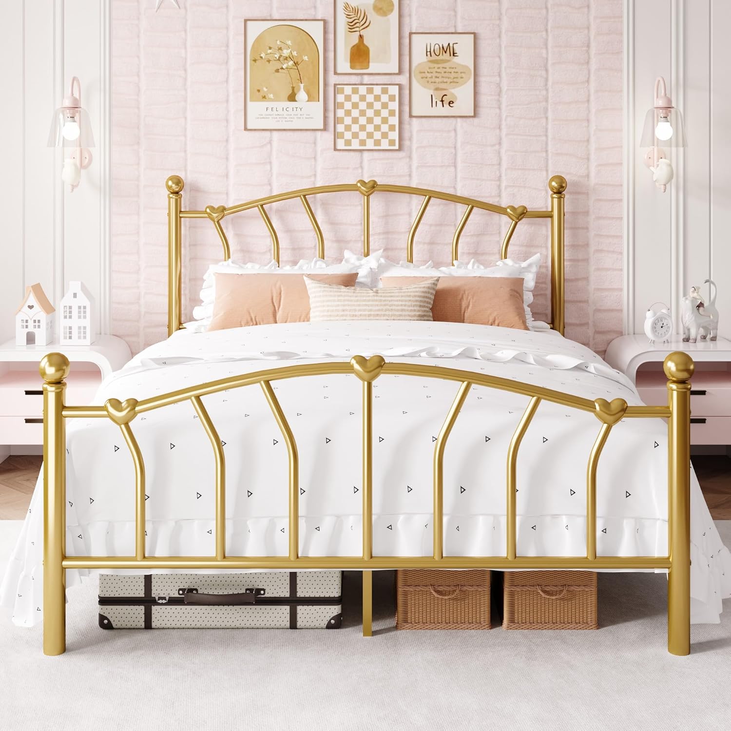 Allewie 14 Inch Queen Size Metal Platform Bed Frame with Heart-Shaped Headboard and Footboard/Iron-Art Mattress Foundation/Under Bed Storage/No Box Spring Needed/Easy Assembly/Noise-Free/Gold