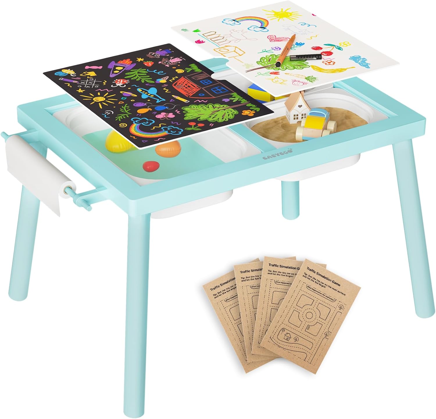 Easyego Sensory Table for Toddlers Kids Play Wooden Sand Water Table with Double-Sided Board & Foldable Storage Bins for Indoor and Outdoor Use, Birthday Gifts for Boys and Girls - Sky Blue