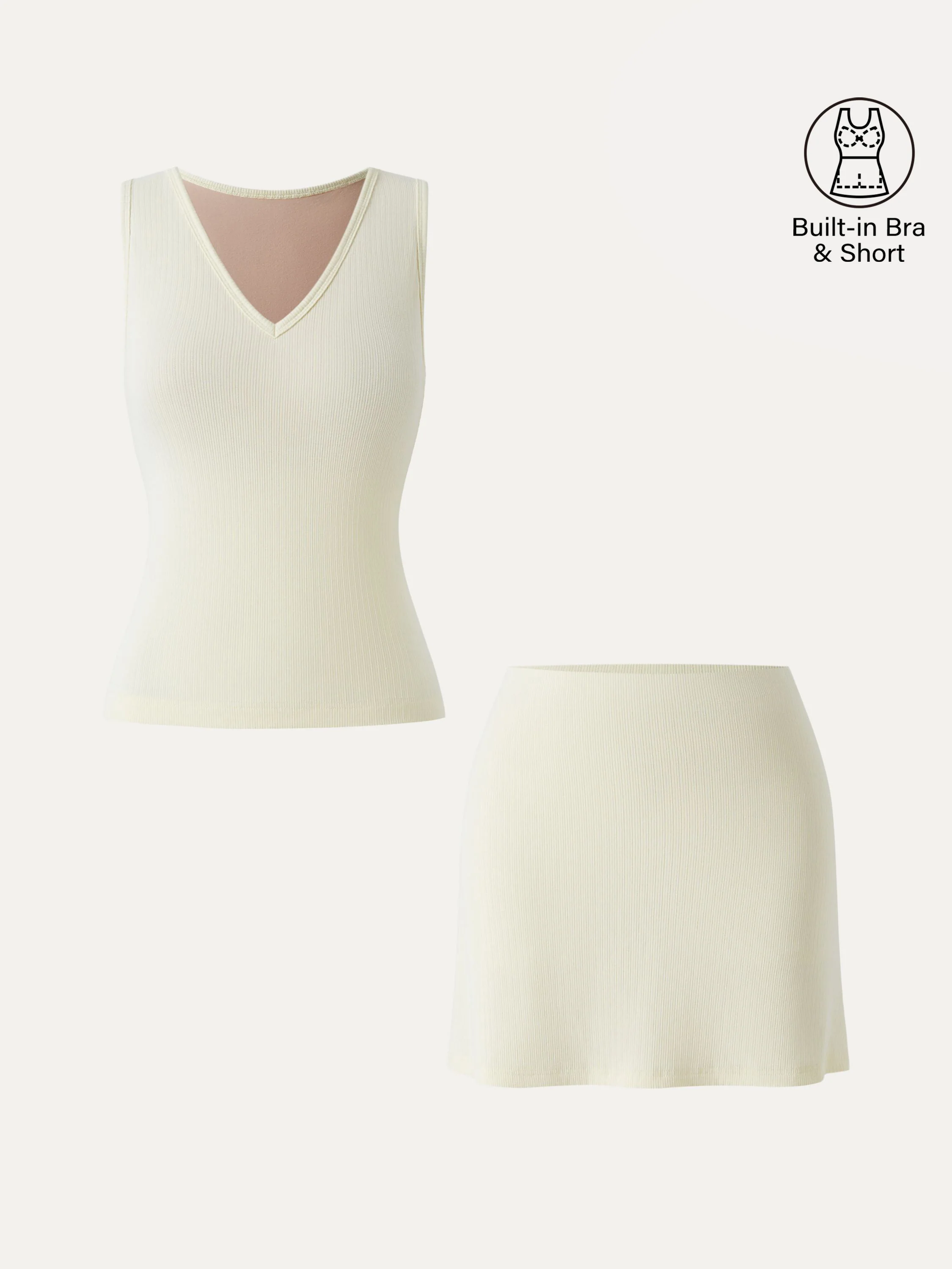 2Pcs Set V-neck Sleeveless Bra Tank & A-line Mini Skirt with Built-in Shorts