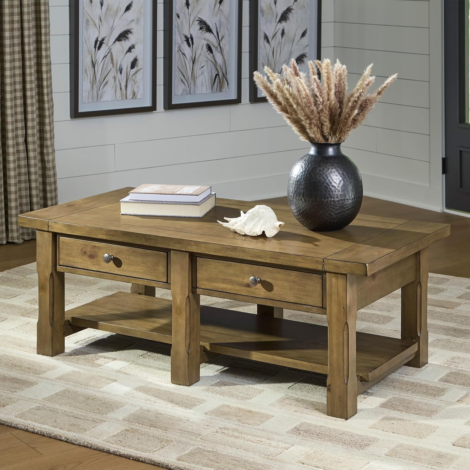 Signature Design by Ashley Vandenmore Casual Rectangular Coffee Table with 2 Drawers and Lower Shelf, Bronze Knobs, Wood, 54
