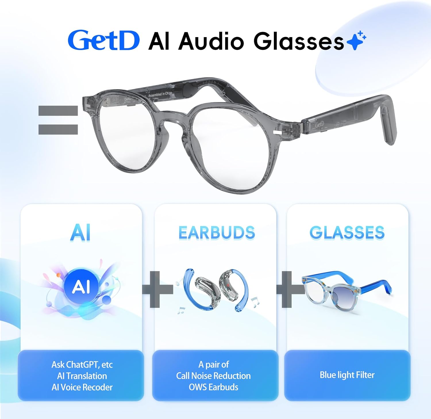 GetD 2026 AI Smart Glasses for Men & Women - Powered by ChatGPT with Real-Time 145-Language Translation, 11H Music/9H Calls, Electro-Gray Translucency & Blue Light Blocking for Travel and Daily Use