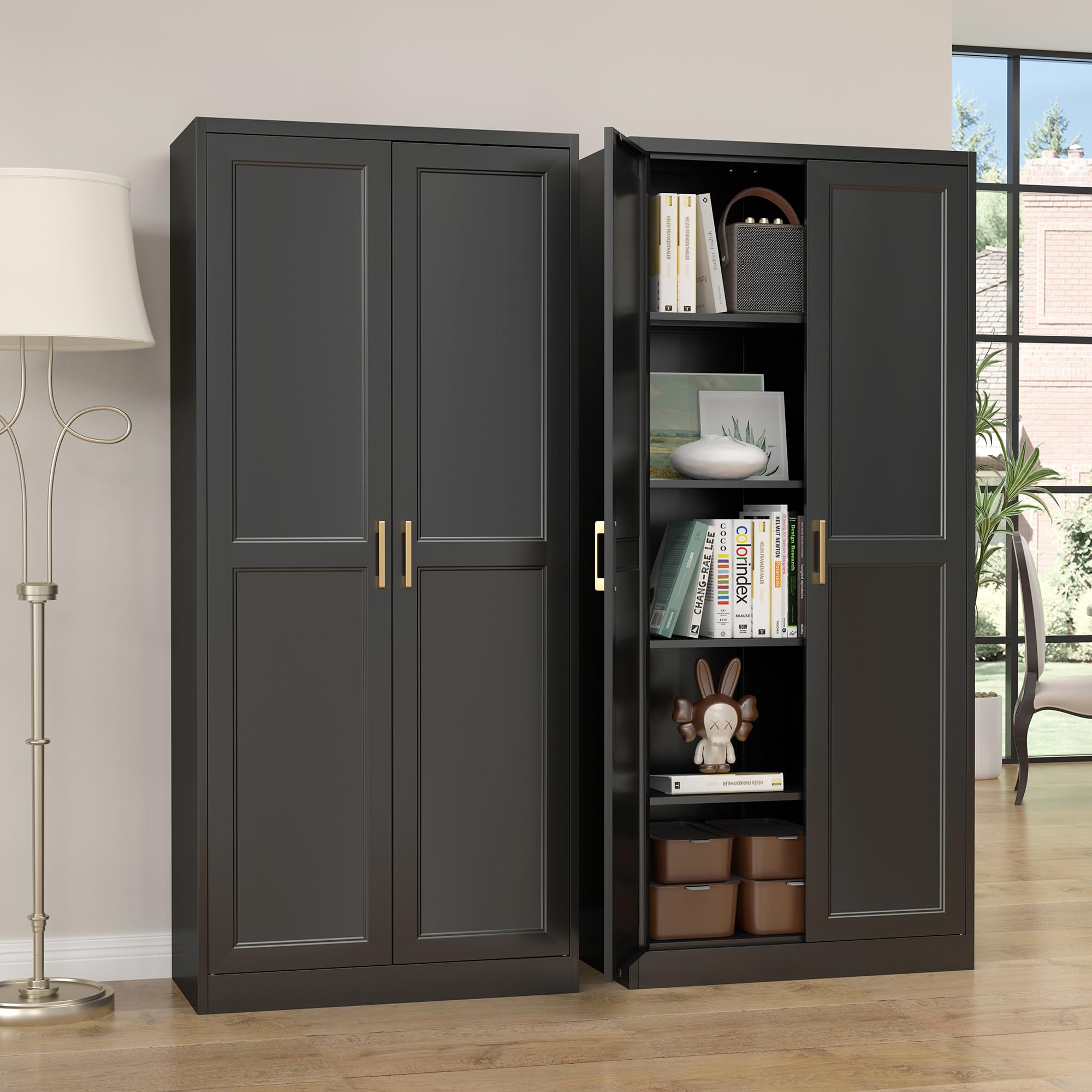 STEELOONG Black Metal Kitchen Pantry Cabinet with Adjustable Shelves