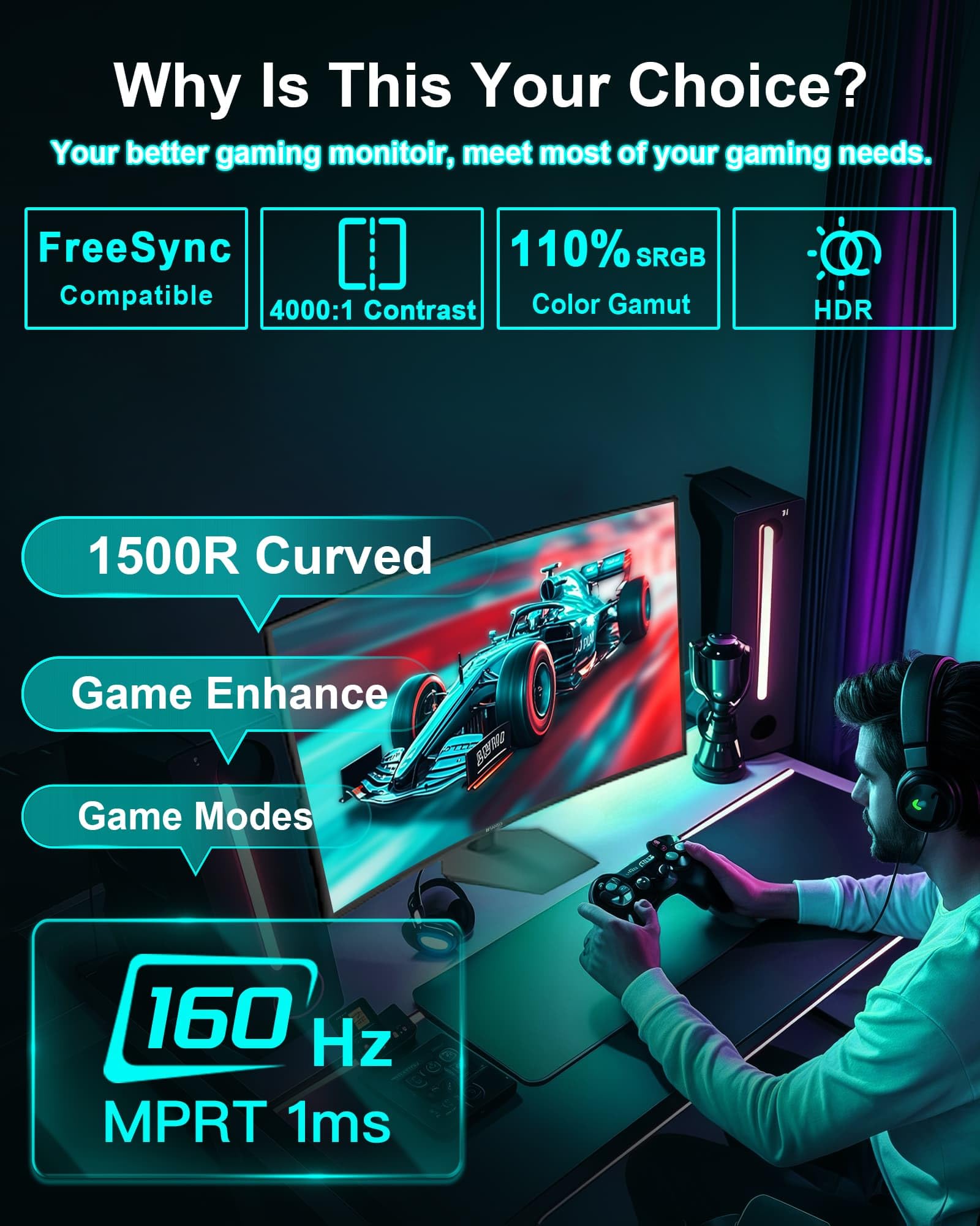 SANSUI 27-Inch Curved 160Hz Gaming Monitor FHD 1080P