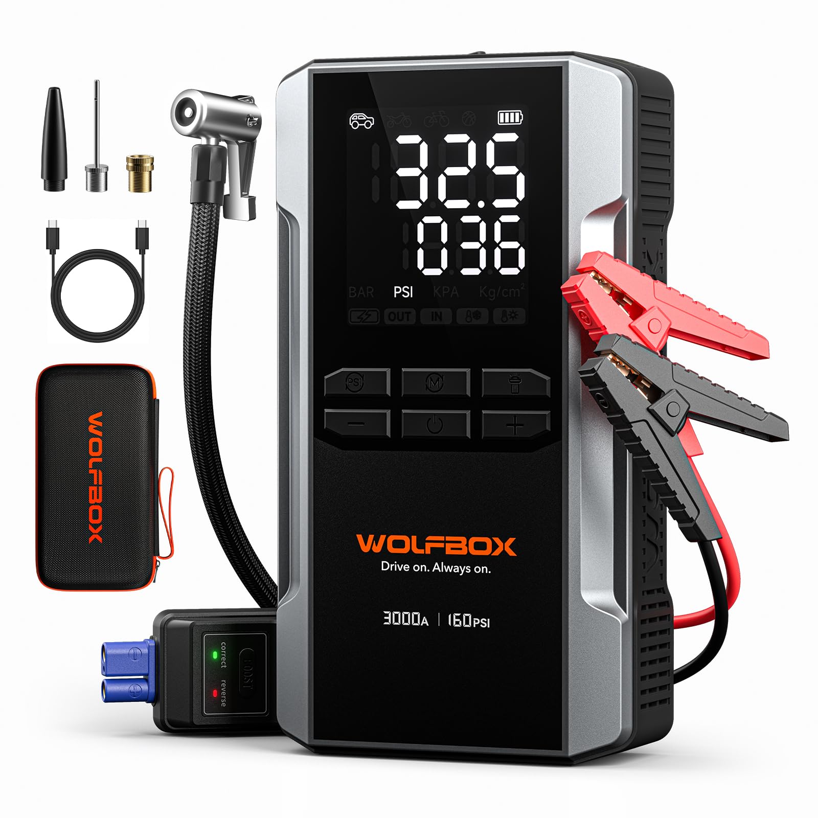 WOLFBOX 3000A Jump Starter with Air Compressor & Fast Charge
