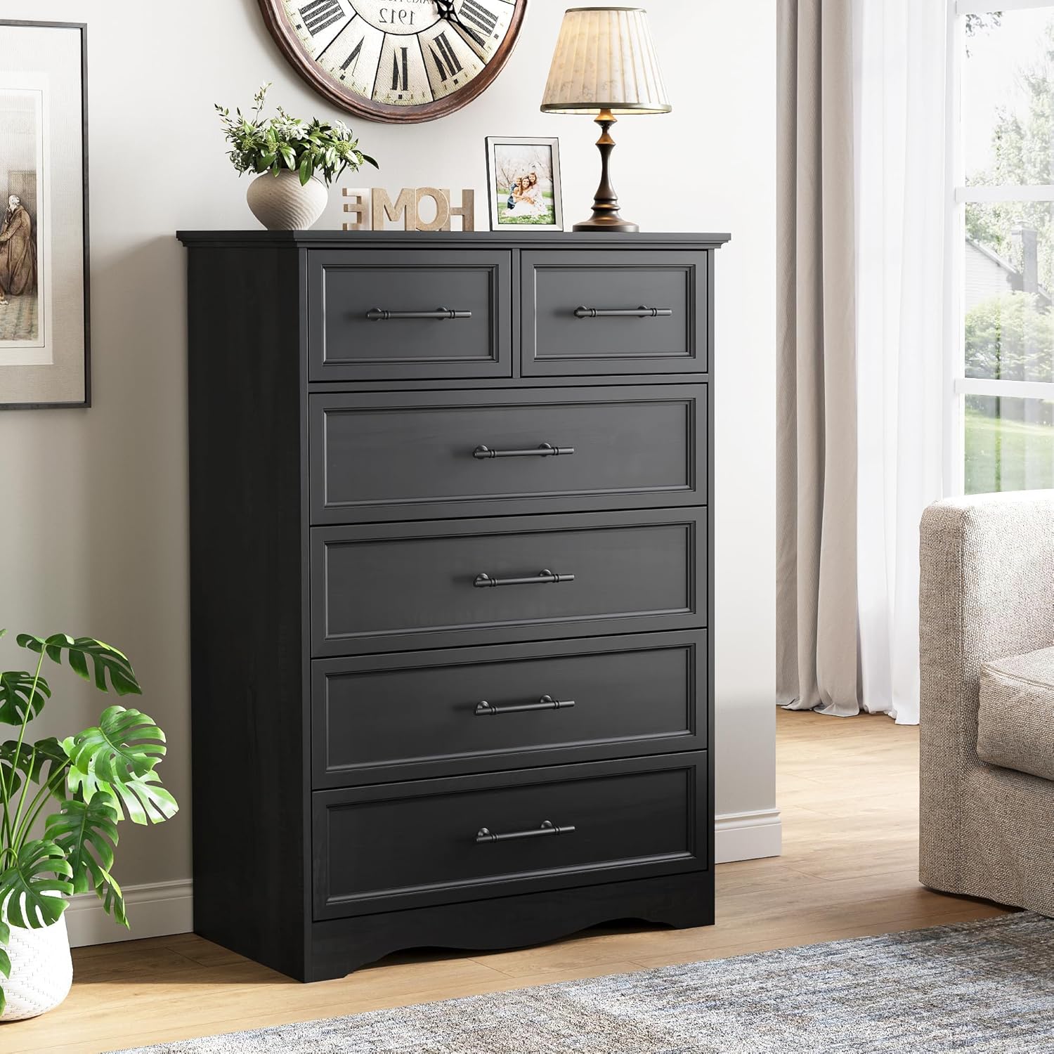 YANSNWO Black Farmhouse Dresser for Bedroom, Modern 6 Chest of Drawers, 44
