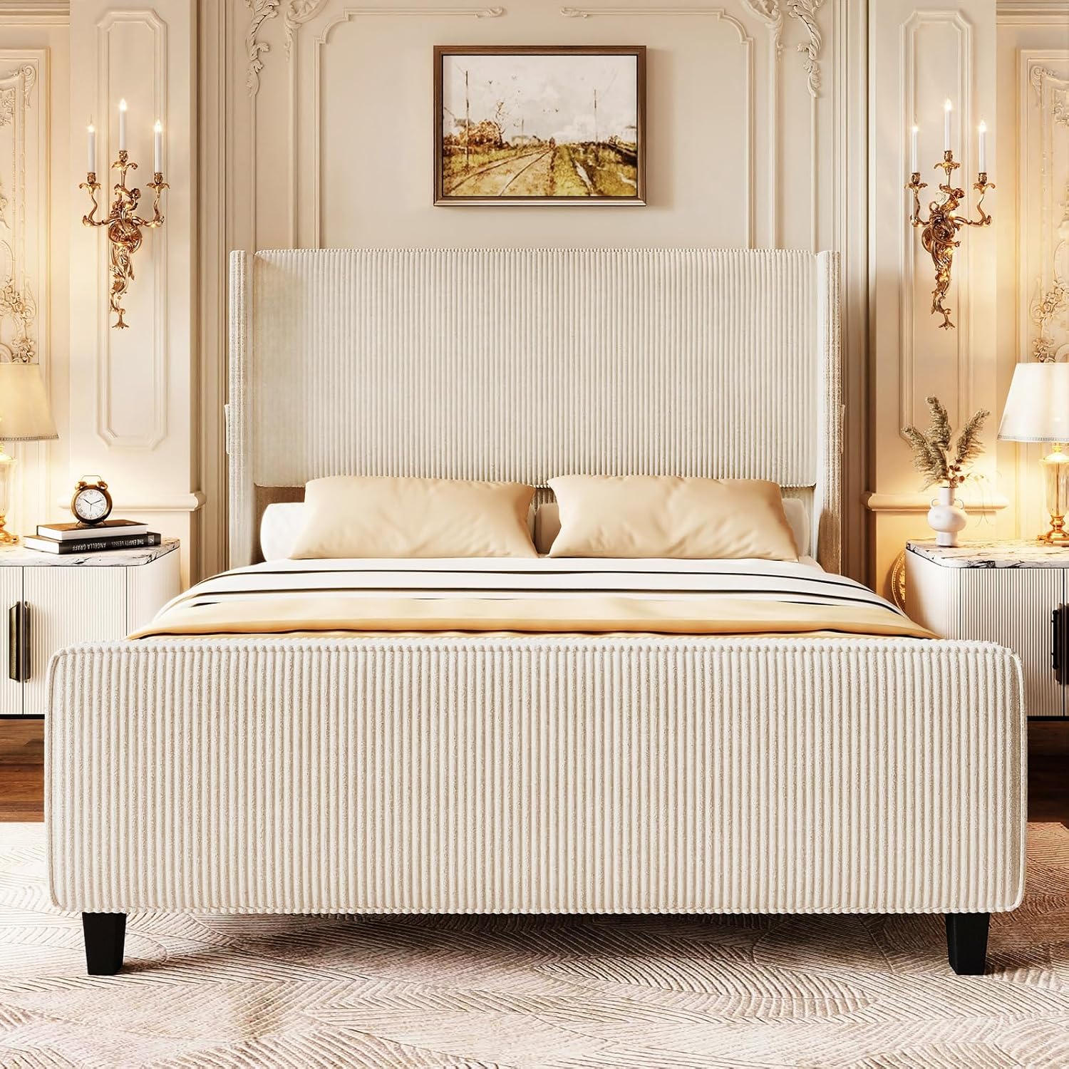 King Size Bed Frame and Headboard, Upholstered King Bed Frame with Tall Wingback Headboard & Footboard, USB Ports, Easy Assembly, Beige