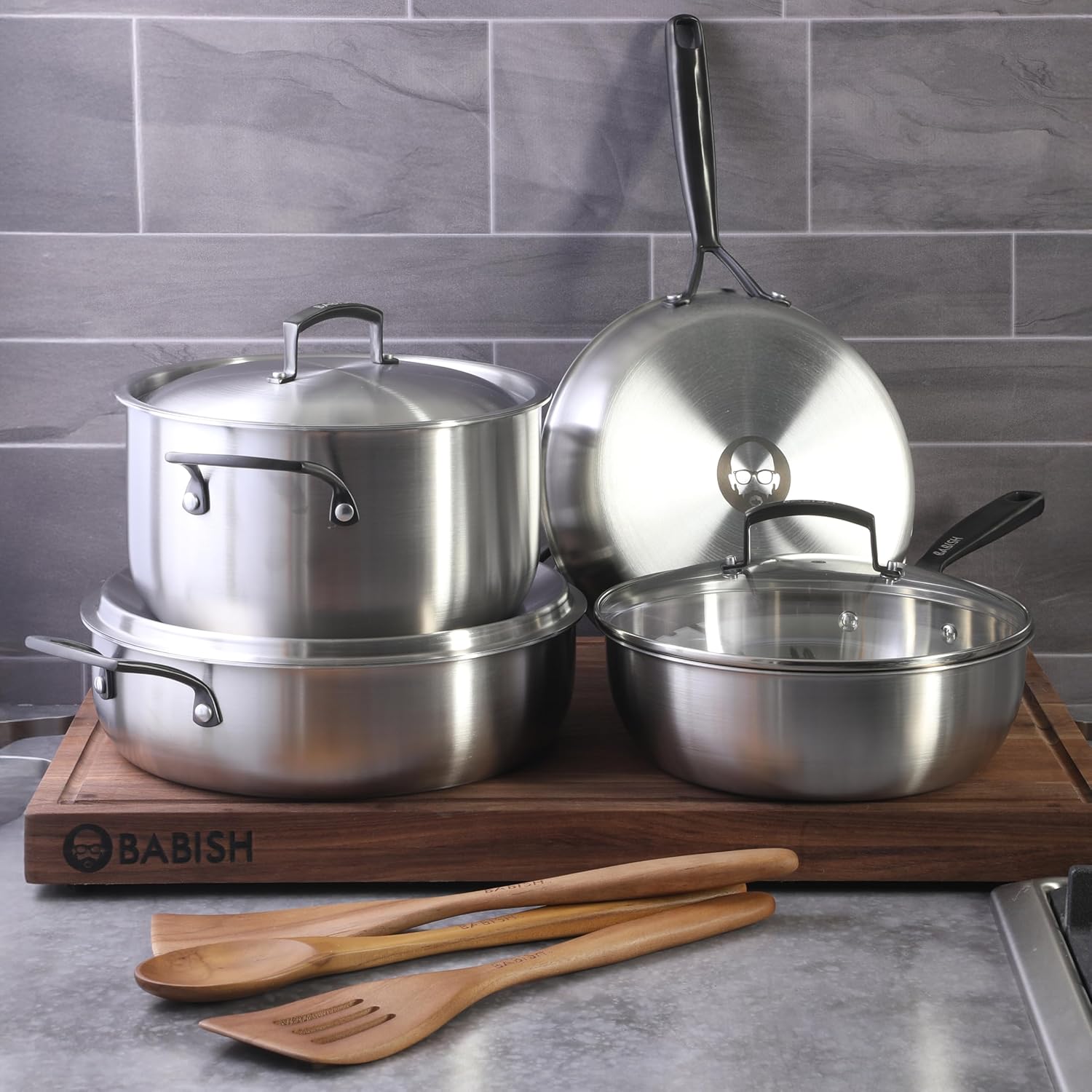 Babish 10-Piece Professional Tri-Ply Non-Toxic Pots and Pans Cookware Set – Durable, Even Heat Distribution