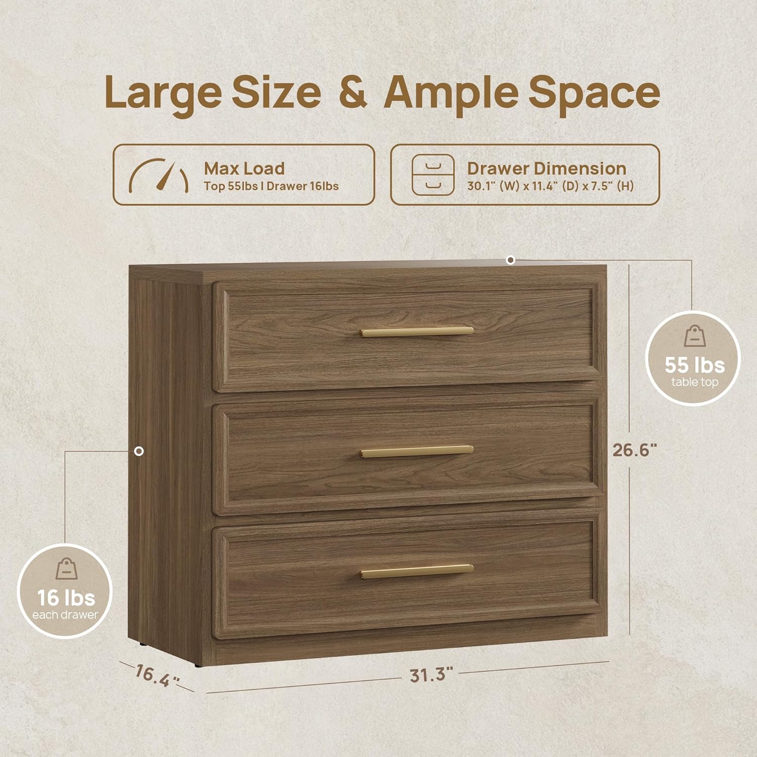 SICOTAS Night Stand Oversized Extra Large Nightstand Tall Bedside Side Table with 3 Drawers with Storage Modern End Table with Golden Handles Night Stands for Bedroom Sofa Couch Office