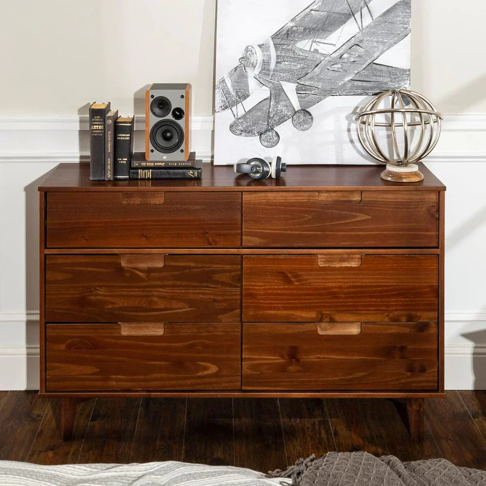 6-Drawer Caramel Mid Century Modern Wood Dresser