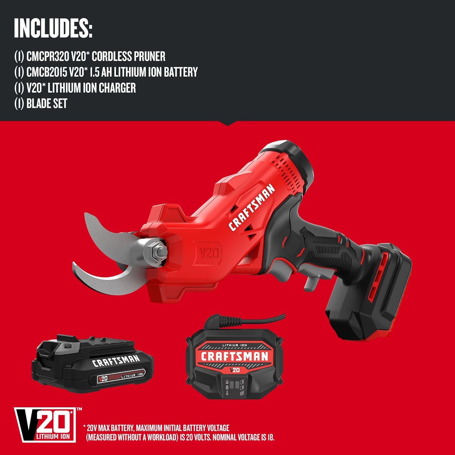 CRAFTSMAN V20 Cordless Electric Pruner, Pruning Shears for Gardening, 2 Ah Battery and Charger Included, Electric Pruning Shears, Tree Pruner (CMCPR320C1)