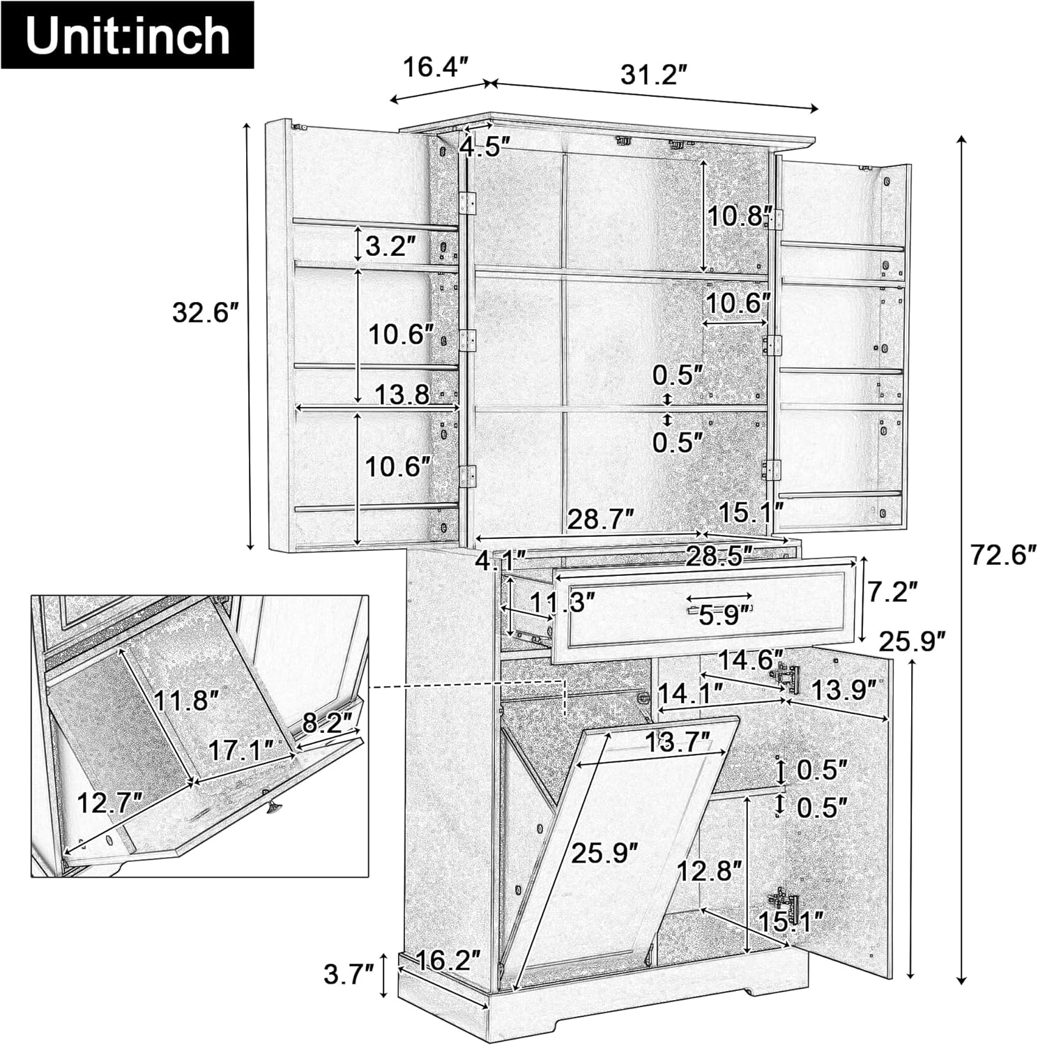 Tall Storage Cabinet Pantry Cupboard with Laundry Hamper and Door Rack Organizer for Bathroom, Kitchen or Enterway, Adjusatble Shelf, White