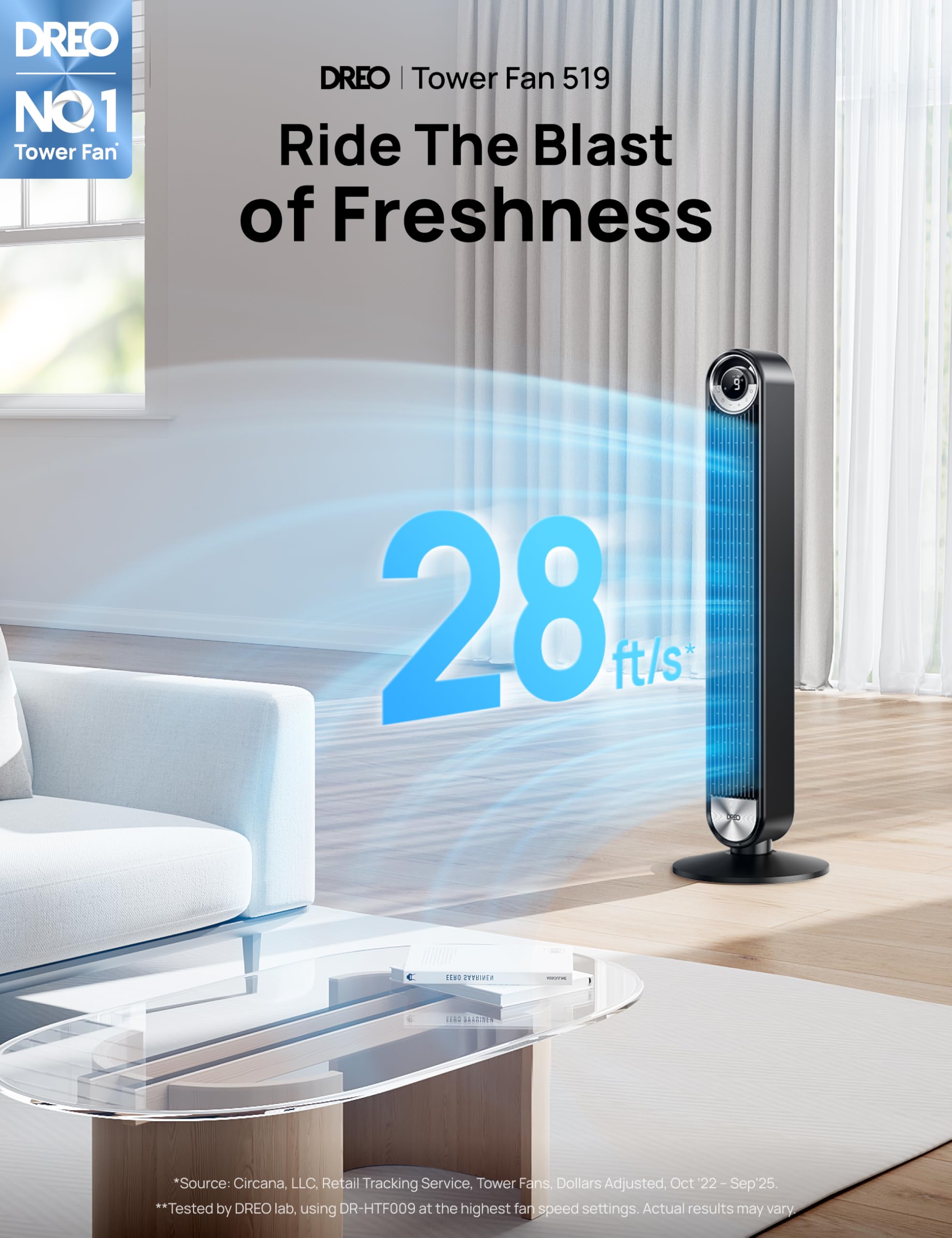 DREO Tower Fan - Ultra-Quiet 9 Speeds Oscillating Stand Fan