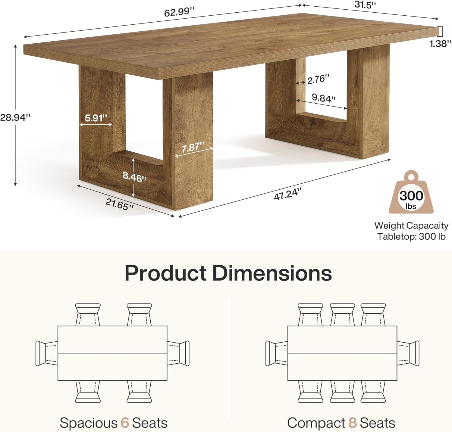 Tribesigns Farmhouse Dining Table, 63-Inch Rectangular Kitchen Table with Strong Geometric Frame for Kitchen & Dining & Living Room, Brown