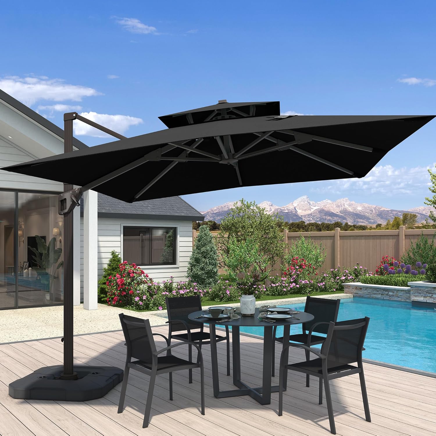 10x10 FT Cantilever Patio Umbrella Double Top Outdoor Square Large Heavy Duty Aluminum Offset Umbrellas with 7 Level Tilt 360-degree Rotation for Pool Garden Deck, Black