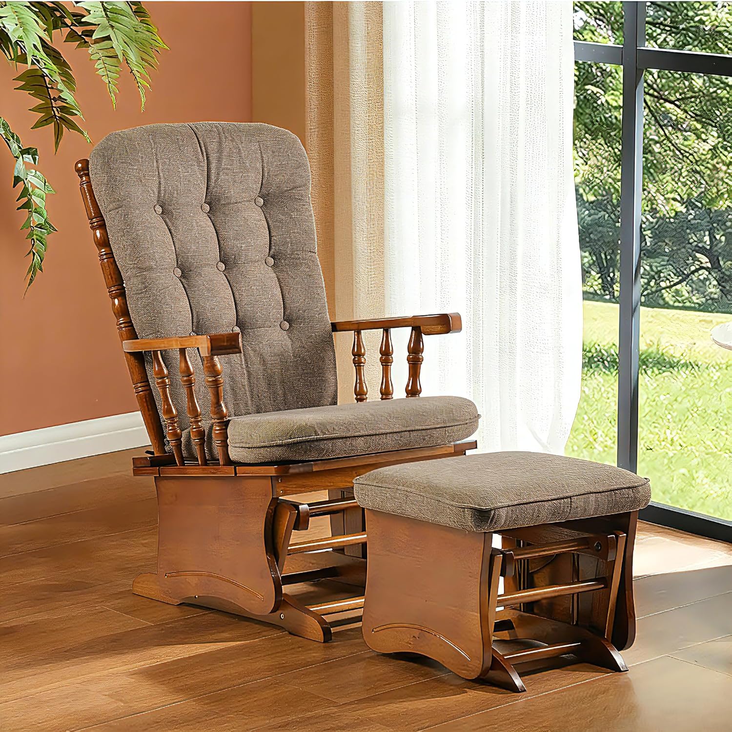 Solid Wood Nursery Glider and Ottoman Set, Anti-Pinch Safe Rocking Chair with Padded Cushion, Rustic Rubber Wood Glider for Nursing Mother, Living Room, Bedroom, Brown