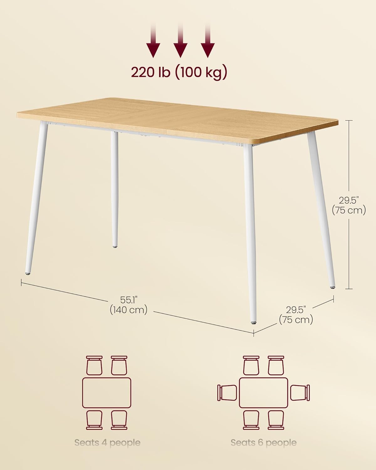 VASAGLE Dining Table, Dining Room Table for 4-6 People, Modern Farmhouse, for Kitchen, Quick Assembly, Heat-Resistant Surface, 29.5 x 55.1 x 29.5 Inches, Golden Oak and Cloud White UKDT100N01V2