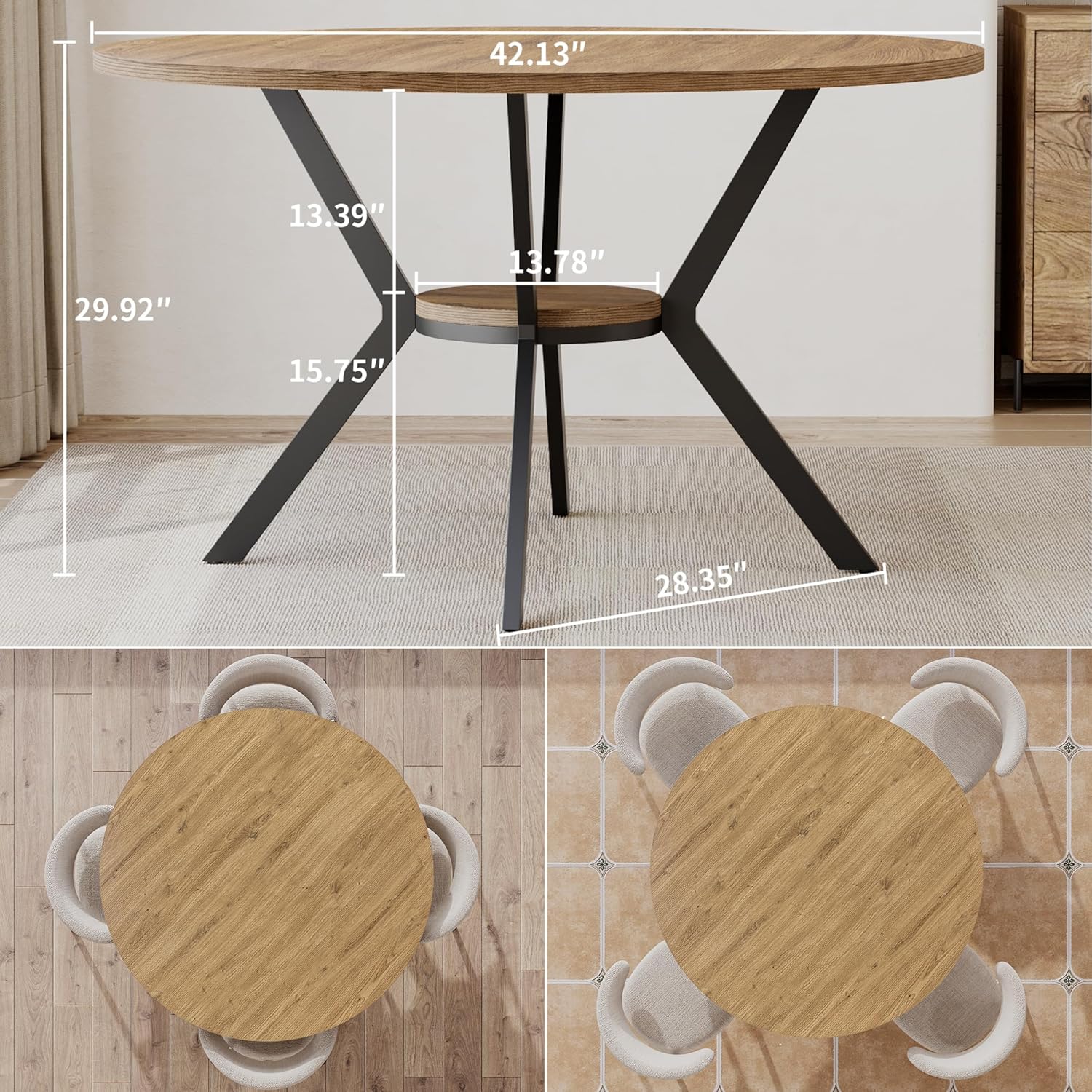 MECHYIN 42 Inch Round Dining Table for 2–4, Farmhouse Round Kitchen Table with Storage Shelf, Pedestal Dining Table, Wood Top & Metal Base, Small Space Table for Apartment, Dining Room