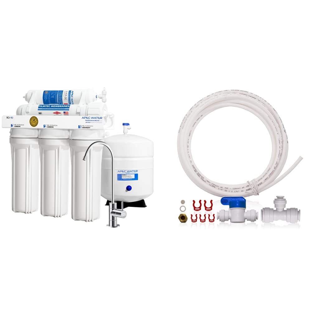 APEC Water Systems RO-90 Ultimate Series Top Tier Supreme Certified High Output 90 GPD Ultra Safe Reverse Osmosis Drinking Water Filter System, Chrome Faucet | ICEMAKER-KIT-38-14-RO-A Ice Maker Installation Kit