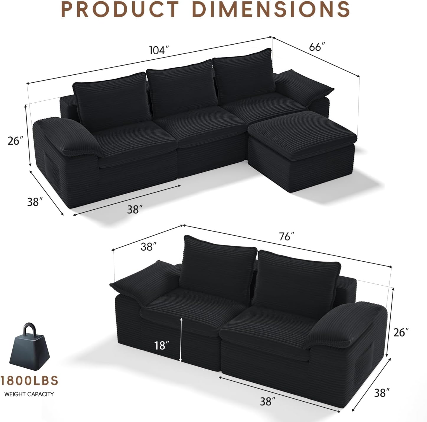 2 Pieces Cloud Sectional Couch Sets, Convertible Modular Sofa with Deep Seat, 104
