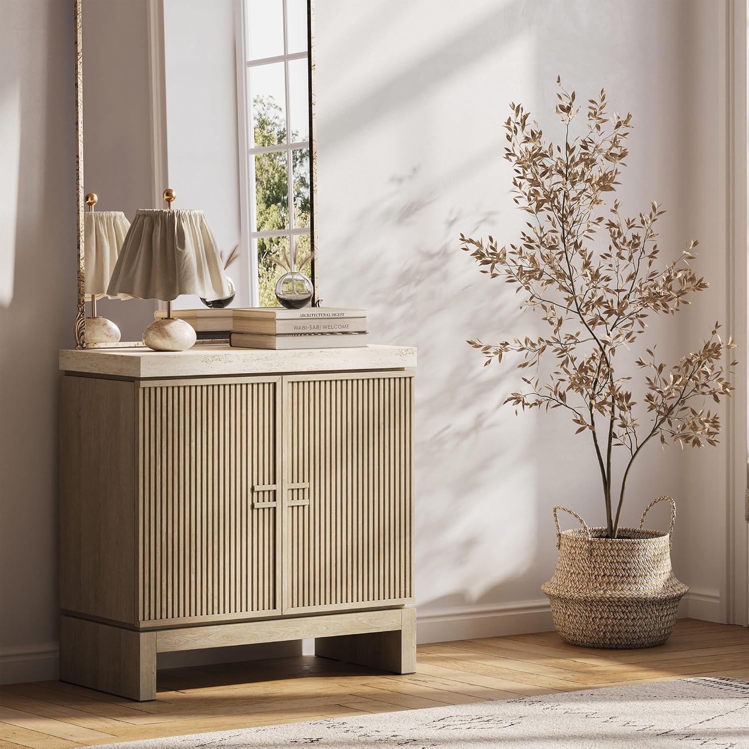 BELLEZE Anton 2 Door Sideboard Buffet Cabinet with Travertine-Look Top, Fluted Reeded Doors, Adjustable Shelf Storage Credenza for Dining Room Living Room Entryway, Travertine Greige